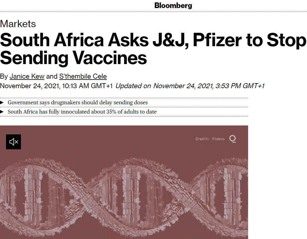 South Africa asked Johnson & Johnson and Pfizer Inc. to suspend delivery of Covid-19 vaccines as it now has enough stock, an illustration of how plunging demand is undermining the country’s rollout ahead of a potential fourth wave of infections.  

Africa’s most developed economy has fully protected just 35% of adults, more than six months after doses were first made available to the public. About 120,000 people received shots on Tuesday, less than half the daily peak.

“We have over 16 million doses in country, or more than 150 days at present consumption,” Nicholas Crisp, deputy director-general of the Department of Health, said by text message Wednesday. “It makes no sense to stockpile and risk expiry when others are desperate for supplies.”

The move contrasts with the country’s position earlier in the year, when the government was heavily criticized for being slow to secure vaccines ahead of a devastating mid-year surge. It also comes as most of Africa remains chronically short of doses, partly because richer countries rushed to tie up vast quantities of stock.

Hesitancy Challenge
“It is entirely owing to hesitancy,” Crisp said. “We have plenty vaccine and capacity but hesitancy is a challenge. Unfortunately it means that many unvaccinated people may have an unhappy festive season and will possibly result in hospitals being congested.”

South African President Cyril Ramaphosa has accused developed countries of hoarding shots, and been a lead figure in a campaign to force pharmaceutical companies to share vaccine recipes with poorer nations. Yet the government will not be redistributing excess doses around the continent, said Foster Mohale, a spokesman for the Department of Health. 

“If other countries require vaccines they go directly to the manufacturer -- they won’t come to us,” he said. “There is currently no discussion on donating or selling stock to elsewhere.”

The government originally had a target of inoculating about two-thirds of adults by year-end, but will fall a long way short. Ramaphosa has also said he envisaged 300,000 vaccines being consistently administered a day, another goal that hasn’t been met. 

The number of weekly vaccinations fell to 609,180 in the week ended Nov. 21 from a peak of 1.09 million in the week ended Oct. 17, according to government data

It “would be wise” to use the excess shots as boosters, tweeted Shabir Madhi, Professor of Vaccinology at the University of Witwatersrand in Johannesburg. “Let those who willing to be vaccinated benefit.”