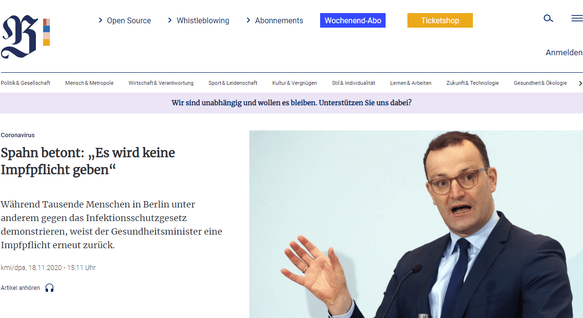 Mit Blick auf einen künftigen Impfstoff bekräftigte Spahn: „Ich gebe Ihnen mein Wort: Es wird in dieser Pandemie keine Impfpflicht geben.“

Mit Blick auf den Teil-Lockdown mit Schließungen vieler Einrichtungen im November sagte Spahn: „Wir haben Tritt gefasst.“ Das exponentielle Wachstum der Neuinfektionen sei gestoppt, „aber wir sind noch nicht über den Berg“. Spahn betonte, dass Deutschland auch deshalb recht gut durch die Krise komme, weil die allermeisten Bürger auf sich und ihre Mitmenschen achteten. Kontroverse Debatten seien wichtig, aber nicht unerbittlich und mit voller Härte. „Zusammenhalt ist das, was dieses Land am meisten braucht in dieser Pandemie.“