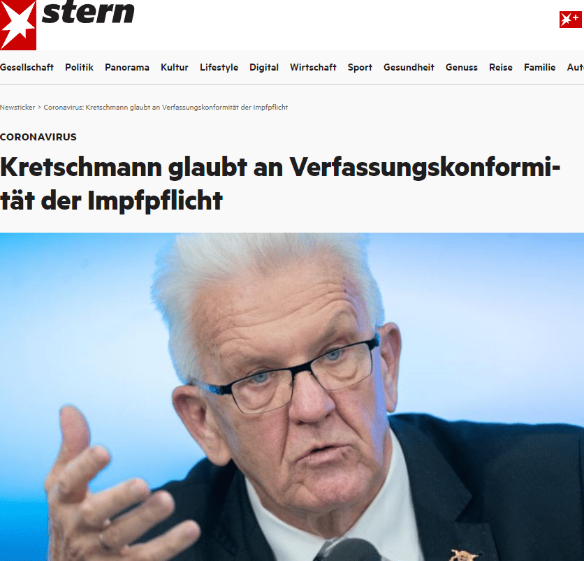 Es habe in Deutschland lange Zeit eine Impfpflicht gegeben, sie sei vor Jahrzehnten aber aufgegeben worden. Auch gebe es eine solche Pflicht in abgeschwächter Form bei Masern.

Kretschmann und Söder werben für Impfpflicht
Kretschmann und Bayerns Ministerpräsident Markus Söder (CSU) warben in einem gemeinsamen Gastbeitrag für die «Frankfurter Allgemeine Zeitung» für eine Impfpflicht. «Eine Impfpflicht ist kein Verstoß gegen die Freiheitsrechte. Vielmehr ist sie die Voraussetzung dafür, dass wir unsere Freiheit zurückgewinnen», schrieben beide Politiker. Im ZDF sprach Kretschmann von einem schwierigem Abwägungsprozess und einem tiefen Eingriff in Persönlichkeitsrechte. Noch tiefere Eingriffe seien aber Maßnahmen wie bei überlasteten Krankenhäusern - etwa eine Auswahl, wer behandelt wird und wer nicht.

Kretschmann machte klar, dass bei einer Impfpflicht sicher niemand bei Verweigerung im Gefängnis lande oder von der Polizei zum Impfen abgeholt werde. Möglich wären jedoch Bußgelder. Man könne aber davon ausgehen, dass sich die Bevölkerung in der Regel an Gesetze halte, auch wenn jemand nicht davon überzeugt sei. Kretschmann zufolge wäre eine Impfpflicht Sache des Bundesgesetzgebers.

Warnung vor großen Menschenansammlungen
Sachsens Ministerpräsident Michael Kretschmer warnte am Montagabend vor großen Menschenansammlungen. «Wir sollten auf alles verzichten, bei dem viele Menschen auf einer Stelle zusammenkommen über eine längere Zeit - sowohl innen wie draußen», sagte der CDU-Politiker in den ARD-«Tagesthemen». Im besonders schwer von der vierten Corona-Welle betroffenen Sachsen gilt seit Montag eine neue Corona-Notfallverordnung. So sind Weihnachtsmärkte und große Veranstaltungen abgesagt, im Einzelhandel gilt mit Ausnahme für Waren des täglichen Bedarfs die 2G-Regel.

«Dieser Virus hat deutlich an Kraft gewonnen und, wir alle in der Bevölkerung, wir sind genervt und wir haben die Kraft verloren», sagte Kretschmer in der ARD. Diese Kombination führe dazu, dass, wenn es Ausbrüche gebe, diese «ganz rapide verlaufen».