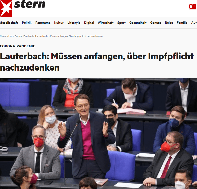 Lauterbach: «Einer Impfpflicht nähern»
Man müsse anfangen, darüber nachzudenken, forderte der SPD-Gesundheitsexperte Karl Lauterbach am Sonntagabend in der Sendung «Die Richtigen Fragen» des TV-Senders Bild. «Ich würde das auf keinen Fall mehr ausschließen und tendiere dazu zu sagen: Das hilft uns jetzt nicht akut, aber wir müssen uns einer Impfpflicht nähern.»

Lauterbach argumentierte: «Ohne Impfpflicht erreichen wir offensichtlich die Impfquote nicht, die wir benötigen, um bei der Stärke der Impfstoffe, die wir haben, und dem R-Wert der Delta-Variante über die Runden zu kommen.» Der R-Wert gibt an, wie viele Menschen ein Infizierter im Schnitt ansteckt - und damit, wie schnell sich ein Virus ausbreitet.

FDP: Impfpflicht verfassungswidrig
Der stellvertretende FDP-Fraktionsvorsitzende Michael Theurer sagte dagegen in der Bild-Sendung zu einer allgemeinen Impfpflicht: «Wir halten sie für verfassungswidrig.» Auch der stellvertretende Vorsitzende der Unionsfraktion im Bundestag, Thorsten Frei, äußerte sich sehr skeptisch. Eine allgemeine Impfpflicht dürfte «wegen des schwerwiegenden Eingriffs in das Recht auf körperliche Unversehrtheit unter den derzeitigen Rahmenbedingungen auch unverhältnismäßig und damit verfassungswidrig sein», sagte er der «Welt».

Nach dem Berufsverband der Kinder- und Jugendärzte sprach sich auch der Präsident des Deutschen Kinderschutzbundes, Heinz Hilgers, für eine Impfpflicht für Erwachsene aus - falls die Impfquote bis zum Frühjahr nicht entscheidend steigen sollte. «Ich persönlich bin dafür, dass man über eine Impfpflicht für Erwachsene berät und sie im Frühjahr dann auch beschließt, wenn die Impfquote so niedrig bleibt», sagte Hilgers dem Redaktionsnetzwerk Deutschland (Montag). «Das würde auch die Kinder schützen.» Freiheit verlange Verantwortung. «Und wenn diese Verantwortung nicht wahrgenommen wird, dann brauchen wir eine Impfpflicht.»

Union offen für Impflicht
Zuletzt hatten sich mehrere Unions-Vertreter offen für eine Impfpflicht gezeigt, darunter der schleswig-holsteinische Ministerpräsident Daniel Günther (CSU) und Bayerns Regierungschef Markus Söder (CSU).

Der Präsident des Robert Koch-Instituts, Lothar Wieler, äußerte sich abwägend. Die Impfpflicht sei «ein Mittel, und da bin ich ganz bei der (Weltgesundheitsorganisation) WHO, das wir alle nicht wollen», sagte er am Sonntagabend im «Heute-Journal» des ZDF. «Es ist wirklich niemand, der gerne eine Impfpflicht haben möchte. (...) Aber wenn man alles andere versucht hat, dann sagt die WHO: Dann muss man auch über eine Impfpflicht nachdenken.»

Hintergrund der Debatte ist, dass die Impfquote in Deutschland aus Sicht von Experten zu niedrig ist. Zuletzt nahm das Impftempo allerdings wieder zu, vor allem bei den Auffrischungsimpfungen stieg die Nachfrage. Die Infektionslage hat sich in den vergangenen Wochen dramatisch verschärft, zuletzt wurden Tag für Tag neue Höchststände bei der Sieben-Tage-Inzidenz erreicht.

Der saarländische Ministerpräsident Tobias Hans hält eine Diskussion über eine allgemeine Impfpflicht zum jetzigen Zeitpunkt nicht für sinnvoll. «Die Impfpflicht ist nicht die Debatte, die wir jetzt brauchen», sagte der CDU-Politiker am Sonntagabend in der ARD-Sendung «Anne Will». «Jetzt bitte ich doch wirklich, alle Kraft darauf zu konzentrieren zu impfen.» Jetzt sei ein Zeitpunkt, «wo die Zahlen so intensiv steigen, wo ich Menschen überzeugen kann, sich impfen zu lassen, weil sie auch merken, sie verlieren ihre Freiheiten», führte Hans aus. «Die Anreize waren nie größer als jetzt.»

Heil mahnt Rechtssicherheit an
Bundesarbeitsminister Hubertus Heil (SPD) sprach sich bei «Anne Will» dafür aus, nun zunächst vor Weihnachten zu klären, wie eine Impfpflicht in bestimmten Einrichtungen rechtssicher umgesetzt werden kann. «Und dann wird eine Debatte weitergehen, aber in der Reihenfolge.» Die Bundesländer hatten den Bund gebeten, in bestimmten Einrichtungen wie Krankenhäusern und Pflegeheimen eine Impfpflicht für alle einzuführen, die Kontakt zu besonders Gefährdeten haben.

Die Präsidentin des Deutschen Pflegerats, Christine Vogler, forderte für den Fall einer Impfpflicht in Pflegeheimen eine klare Gesetzesvorgabe, «dass Pflegeeinrichtungen ungeimpfte Mitarbeiter kündigen dürfen». «Wenn der Gesetzgeber fordert, dass nur Geimpfte und Genesene in Pflegeheimen arbeiten dürfen, haben die Einrichtungen gar keine andere Wahl, als sich von diesen Mitarbeitenden zu trennen», sagte sie dem Redaktionsnetzwerk Deutschland (Montag). «Wer zum Einfallstor für Corona im Pflegeheim wird, kann dort einfach nicht arbeiten.»

Strengere Regeln in manchen Ländern
Von diesem Montag an gelten unter anderem in Sachsen und Schleswig-Holstein strengere Regeln zur Bekämpfung der Pandemie. Im besonders betroffenen Sachsen werden weite Teile des öffentlichen Lebens eingeschränkt. Außer Bibliotheken bleiben alle Kultur- und Freizeiteinrichtungen, Bars, Clubs und Diskotheken geschlossen. Keine Einschränkung gibt es für Geschäfte der Grundversorgung. Zudem gelten in sächsischen Corona-Hotspots zusätzliche Ausgangsbeschränkungen für ungeimpfte Menschen. Diese dürfen, sobald im jeweiligen Landkreis die Wocheninzidenz über 1000 liegt, zwischen 22.00 und 6.00 Uhr nicht mehr ohne triftigen Grund vor die Tür gehen.

In Baden-Württemberg dürfen Ungeimpfte von Montag an im Schwarzwald-Baar-Kreis, im Ostalbkreis und im Landkreis Biberach zwischen 21.00 Uhr und 5.00 Uhr nur noch aus triftigem Grund ihre Wohnungen verlassen. In Schleswig-Holstein greift eine neue Landesverordnung: Bei Freizeitveranstaltungen gilt drinnen 2G, also Zugang nur für Geimpfte und Genesene.