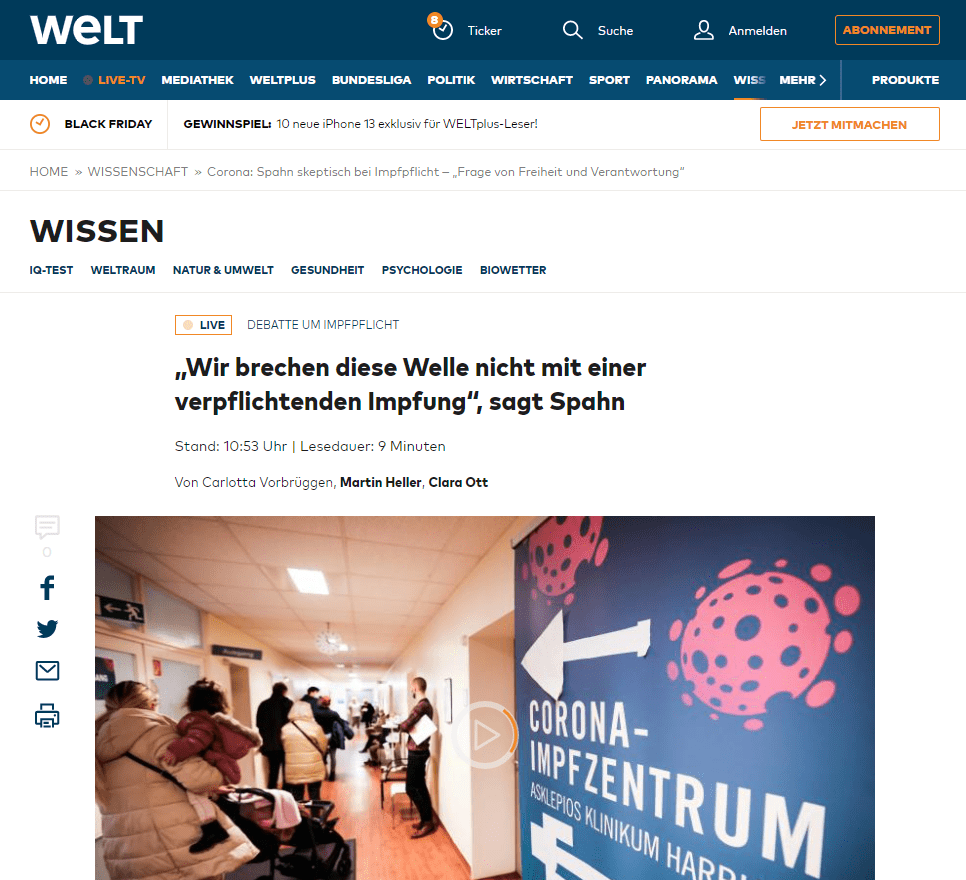 Spahn beurteilte dies generell skeptisch. Dies sei nicht nur eine Rechtsfrage, sondern auch eine Frage des Verhältnisses zwischen Staat und Bürger. „Es ist eine Frage von Freiheit und Verantwortung.“ Aus seiner Sicht gebe es eine moralische, gesellschaftliche Verpflichtung, sich impfen zu lassen. Zudem gebe es offene Fragen bei der Durchsetzung einer solchen Maßnahme, sagte Spahn.

Die Lage spitzt sich weiter zu. Die bundesweite Sieben-Tage-Inzidenz ist erneut auf einen Höchststand gestiegen. Das Robert Koch-Institut (RKI) gab die Zahl der Neuinfektionen pro 100.000 Einwohner und Woche am Dienstagmorgen mit 399,8 an. Zum Vergleich: Am Vortag hatte der Wert bei 386,5 gelegen, vor einer Woche bei 312,4 (Vormonat: 100,0).

Die Gesundheitsämter in Deutschland meldeten dem RKI binnen eines Tages 45.326 Corona-Neuinfektionen. Deutschlandweit wurden den neuen Angaben zufolge binnen 24 Stunden 309 Todesfälle verzeichnet. Vor einer Woche waren es 265 Todesfälle gewesen.