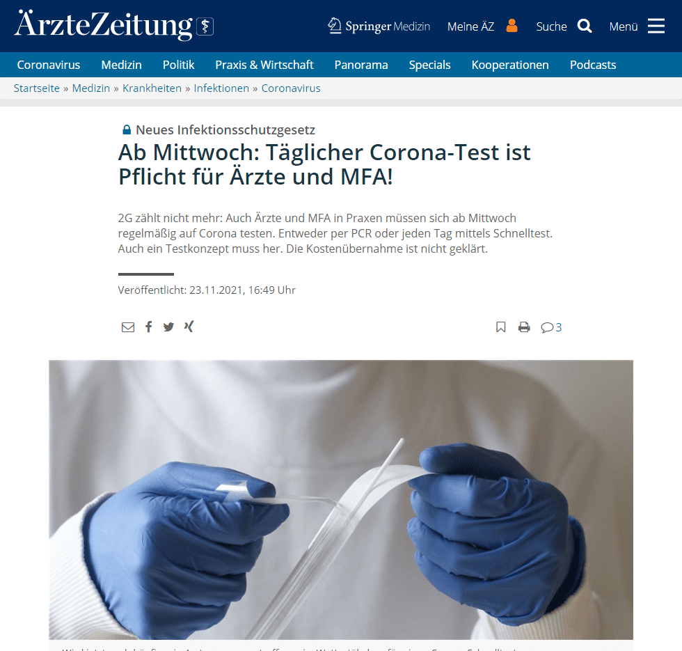 Danach müssen Angestellte und Beschäftigte in Praxen und Kliniken – also Ärzte, Psychotherapeuten, Medizinische Fachangestellte (MFA), Pflegekräfte und alle anderen Berufe – einen negativen Coronatest vorlegen. Das gilt selbst dann, wenn sie geimpft oder genesen sind. Auch Besucher sind betroffen, allerdings nicht Behandelte, womit auch Patienten gemeint sein dürften.

Die Neuregelung in Paragraf 28b Absatz 2 IfSG sieht dafür unter anderem Antigen-Schnelltests vor. Geimpfte und Genesene dürfen auch Selbsttests verwenden. Die Ergebnisse der Antigentests sind nach Paragraf 2 Absatz 1 Nummer 7 COVID-19-Schutzmaßnahmen-Ausnahmenverordnung (SchAusnahmV) aber nur 24 Stunden gültig. Somit entsteht eine tägliche Testpflicht.

Praxis braucht Testkonzept
Alternativ können PCR-Testungen zum Einsatz kommen – dann genügen zwei Tests pro Woche. Problem: Für die Tests des eigenen Personals erhalten die Praxen bislang keine Kostenerstattung. Je Praxismitarbeiter bekommen sie derzeit nur zehn Antigentests pro Monat erstattet. Praxischefinnen und Praxischef sind zudem verpflichtet, die Tests zu dokumentieren. Außerdem müssen sie ein Testkonzept entwickeln.

Die KBV hat deswegen vom Bundesgesundheitsministerium eine Kostenübernahme für die neuen Pflichttests gefordert. Eine Kostenübernahme für PCR-Tests ist laut Mitteilung der KBV vom Dienstag für asymptomatisches Praxispersonal derzeit ausgeschlossen. „Aufgrund der nunmehr täglichen Testpflicht müsse die Anzahl der kostenfreien Tests umgehend erhöht werden“, so die KBV. Zudem fordert sie, zu prüfen, ob die Testpflicht etwa in Arztpraxen bei Beschäftigten mit Auffrischimpfung entfallen könne. 