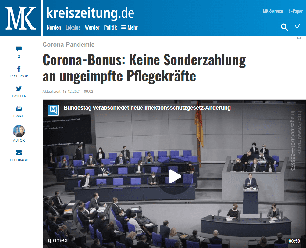 Die Arbeitgeber in der Pflegebranche wollen ihren Beschäftigten einen Corona-Bonus zahlen. Doch die Corona-Sonderzahlung wird an eine bestimmte Bedingung geknüpft.

Berlin/Hannover – Corona-Bonus in der Pflege: Die Pflegekräfte in Deutschland, Niedersachsen und Bremen sollen erneut einen Pflegebonus während der Corona-Pandemie zu ihrem Gehalt erhalten. Das ist bereits beschlossene Sache. Doch nun grätscht der Arbeitgeberverband Pflege (AGVP) dazwischen und will die steuerfreie Corona-Sonderzahlung an eine bestimmte Bedingung knüpfen. Und dass während in Niedersachsen eine neue Corona-Verordnung angelaufen ist, ein Gericht 2G beim Friseur auf den Kopf gestellt hat und nun 2G im Einzelhandel greift, dürfte diese Nachricht über die möglicherweise ausbleibende Corona-Prämie bei einigen Pflegekräften auf wenig Gegenliebe stoßen, vor allen Dingen bei denen, die sich einer Impfung gegen eine Infektion mit Covid-19 bisher verweigert haben.