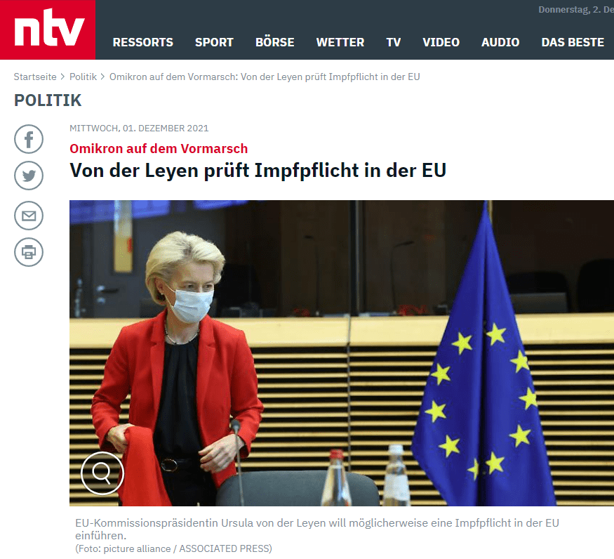 Die Impfpflicht sei "eine Diskussion, die geführt werden muss", sagte von der Leyen. Es brauche dazu einen gemeinsamen Ansatz der Mitgliedstaaten. Für Deutschland hatte der designierte Bundeskanzler Olaf Scholz am Dienstag ein Gesetzgebungsverfahren für eine allgemeine Impfpflicht angekündigt. Es könnte nach seinen Worten noch in diesem Jahr eingeleitet werden. Zuvor hatte Österreich als erster EU-Staat eine Impfpflicht auf den Weg gebracht.

Zur erstmals in Südafrika festgestellten Omikron-Variante sagte von der Leyen: "Wir hoffen auf das Beste und bereiten uns auf das Schlimmste vor." In zwei bis drei Wochen wüssten die Wissenschaftler mehr über die Risiken. Die womöglich nötige Anpassung der Impfstoffe werde dann "rund hundert Tage dauern". Wegen Omikron haben Deutschland und die meisten anderen EU-Länder den Flugverkehr mit südafrikanischen Ländern weitgehend gestoppt.

Fortschritte beim Boostern

Die Pandemie ist am 16. und 17. Dezember auch Thema auf dem ersten EU-Gipfel, an dem Scholz als Kanzler teilnehmen dürfte. Eine Entscheidung über die Einführung einer Impfpflicht obliegt den einzelnen Mitgliedstaaten. Die EU-Kommission spielt aber eine koordinierende Rolle und ist für die Verträge mit den Vakzin-Herstellern zuständig.

Von der Leyen bestätigte zudem Angaben des amtierenden CDU-Bundesgesundheitsministers Jens Spahn, dass der Impfstoff für die fünf- bis elfjährigen Kinder EU-weit am 13. Dezember ausgeliefert wird - eine Woche früher als bisher geplant. Auch der Impfstoffhersteller Biontech bestätigte, dass die Charge Kinderimpfstoff vorgezogen werden könne.