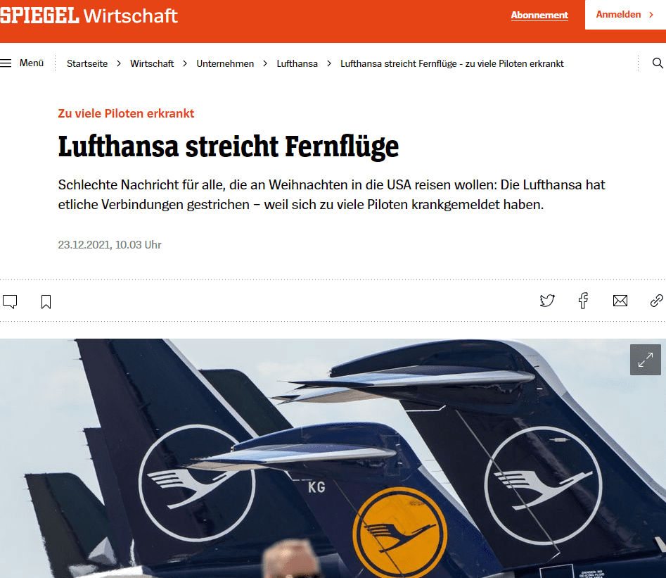 »Wir haben mit einem sehr großen Puffer geplant. Der reicht aber für die extrem hohe Krankenquote nicht aus«, sagte der Sprecher. Über einen Zusammenhang mit der Coronavariante Omikron wolle er nicht spekulieren, da Lufthansa nicht über die Art der Erkrankungen informiert werde. Zuerst hatte das Portal »aero.de« über die Personalengpässe berichtet, die nur zum Teil mit Freiwilligen aufgefangen werden können.

Betroffen ist die Teilflotte der Langstreckenflugzeuge Airbus A330/A340, für die intern dringend nach Ersatzpiloten und -pilotinnen für die Zeit bis Anfang Januar gesucht wird. Laut "aero.de" warnt das Unternehmen in einem internen Rundschreiben: »Nun sehen wir uns aufgrund erhöhter Krankheitsquoten nicht mehr in der Lage, alle Umläufe zu bereedern. Die Crewdisposition arbeitet bereits an Szenarien zur Ausdünnung des Flugplans.« Neben den Krankmeldungen erschweren demnach auch Quarantänepflichten nach bestimmten Flügen die Personalplanung.

Zwischen der Piloten-Gewerkschaft Vereinigung Cockpit (VC) und dem Lufthansa-Konzern laufen derzeit harte Verhandlungen um die künftige Kostenstruktur bei der Stammgesellschaft Lufthansa. Diese soll zugunsten kostengünstigerer Linien wie der Eurowings Discover schrumpfen, was zwangsläufig hoch bezahlte Arbeitsplätze bei der Lufthansa kosten würde. Wechselseitig wurden Verträge gekündigt, sodass ab dem Sommer theoretisch wieder Streiks möglich sind.

Erst vor Kurzem hatte der Lufthansa-Konzern erklärt, in der Corona-Krise die bestehenden Notfallkonzepte verfeinert und flexibler gestaltet zu haben. Man habe immer Reserven im Hintergrund, hatte ein Unternehmenssprecher mit Blick auf die Omikron-Variante gesagt.

In Europa ist der Weihnachtsflugverkehr voll angelaufen. Insbesondere die Direktfluganbieter Easyjet (+41 Prozent im Vergleich zur Vorvorwoche) und Wizz Air (+75 Prozent) bauten ihr Angebot in der Vorweihnachtswoche (16.-22. Dezember) deutlich aus, wie aus Zahlen der Flugsicherheitsorganisation Eurocontrol hervorgeht. Wizz, SAS und Ryanair boten auch mehr Verbindungen an als in der gleichen Woche des Vorkrisenjahres 2019. Davon ist die Lufthansa weit entfernt mit 21 Prozent weniger Flügen als vor zwei Jahren. Kurzfristig baute sie ihr Programm nur um 1 Prozent aus.