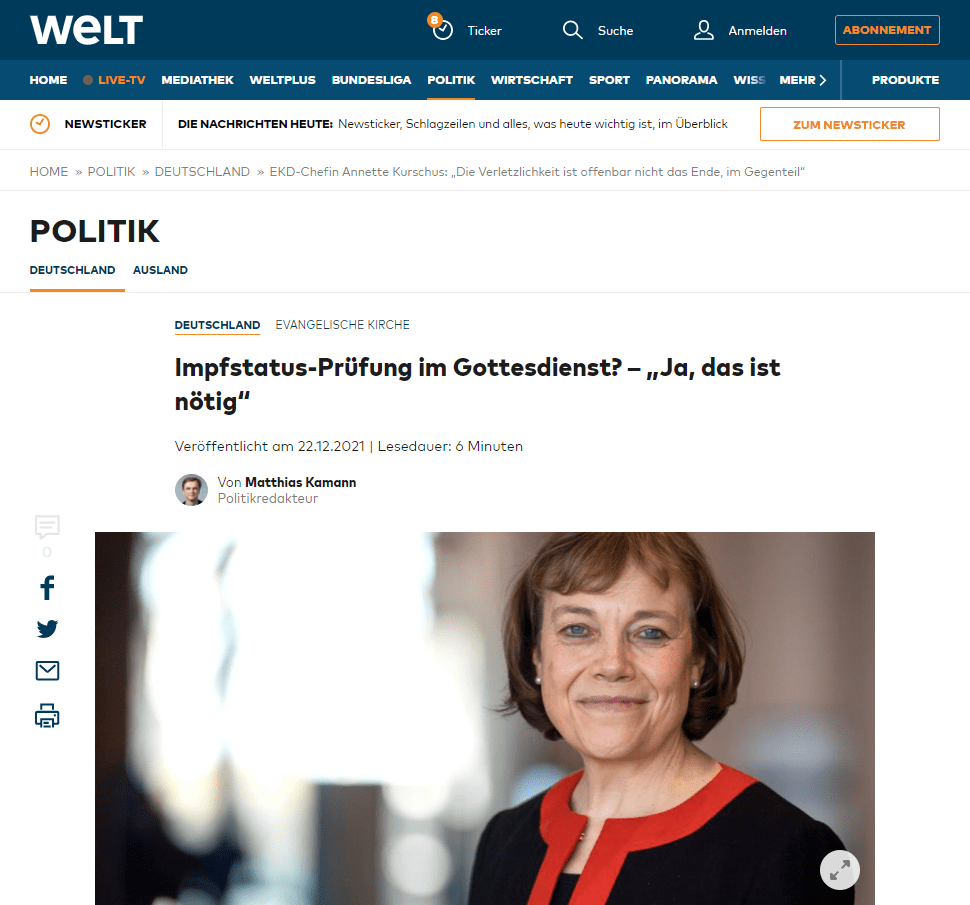 WELT: Frau Kurschus, was dachten Sie, als viele Mitglieder des neuen Bundeskabinetts, darunter Kanzler Olaf Scholz (SPD), bei ihrer Vereidigung den Gottesbezug „So wahr mir Gott helfe“, wegließen?

Annette Kurschus: Das ist mir aufgefallen und hat mich beschäftigt. Es geht dabei weniger um die Relevanz der Kirche für die Politik, als vielmehr um die Frage, welches Lebensgefühl sich hier ausdrückt. Aus meiner Sicht braucht jeder Mensch für ein hohes Leitungs- und Regierungsamt auch Kräfte, die nicht allein aus ihm selbst kommen.

Das Bewusstsein, dass solche Ämter eigentlich für jeden Menschen eine Überforderung sind, kann auch entlastend sein. Für mich drückt sich dieses Bewusstsein aus in der Wendung „so wahr mir Gott helfe“.
WELT: Also geht es nicht vorrangig ums Bekennen von Kirchlichkeit?

Kurschus: Nein, bei den Vereidigungen war das ja auch nicht deckungsgleich: Manche, die keiner Kirche angehören, benutzten die Formel, während einige Kirchenmitglieder sie wegließen. Auch für den Verzicht auf die Zusatzformel gibt es ja christliche Gründe. Es geht offensichtlich eher um den Ausdruck einer Lebenshaltung.

WELT: Aber wer nicht glaubt, dass es eine äußere Kraft im religiösen Sinne gibt, kann diese bei einem so wichtigen Akt wie einer Vereidigung doch nicht ansprechen.


Kurschus: Darüber kann und mag ich mir kein Urteil anmaßen. Mich persönlich überzeugt es, wenn jemand bekundet, auf eine Kraft angewiesen zu sein, die sich der menschlichen Verfügung entzieht. In dieser Haltung steckt eine angemessene Demut im Wissen um die eigene Begrenztheit. Niemand von uns hat sein Leben bis ins Letzte hinein in der Hand. Das merken alle, ob sie nun an Gott glauben oder nicht.

WELT: Von den grünen Ministerinnen und Ministern hat niemand diese Formel benutzt. Fanden Sie das nicht erstaunlich, da doch das Verhältnis zwischen den Grünen und der evangelischen Kirche schon wegen großer Übereinstimmungen bei Klimaschutz und Flüchtlingspolitik sehr groß sind?

Kurschus: Ich habe das bemerkt. Aber ich kann und will das nicht bewerten.

WELT: Den Verzicht auf den Gottesbezug scheinen viele Bürger als angemessene Bekundung einer Abwendung vom Glauben zu verstehen, die sich ja auch sonst vollzieht. Ist es insofern nicht sogar wichtig, dass die Kirchen mit diesem Großtrend nun auch im Bundestag konfrontiert werden?

Kurschus: Der Gebrauch des Gottesbezugs bei der Vereidigung taugt weder zur Gesellschaftsanalyse noch zur Bewertung kirchlicher Relevanz, er ist etwas ganz und gar Persönliches.

WELT: Generell werden Sie jenen Großtrend schwindender Relevanz nicht infrage stellen, oder?

Kurschus: Ehrlich gesagt: Mein Fokus liegt nicht auf der Relevanz-Frage. Es hat etwas von kirchlicher Nabelschau, wenn wir uns immerzu fragen, welche gesellschaftliche Bedeutung und Resonanz wir haben und wie wir „ankommen“. Wenn Jesus dauernd danach gefragt hätte, welche Wichtigkeit er hat, wäre wenig passiert.

Mir geht es vielmehr darum, wie wir das, wovon wir Christen leben und was uns trägt, in die Welt tragen – so, dass es Menschen erreicht und berührt.

WELT: Was ist dabei zentral?

Kurschus: Wir bringen einen eigenen Ton in die Welt. Dieser Ton speist sich aus der Verheißung: Gott, der die Welt ins Leben rief, wird sie auch zu einem guten Ziel führen. Solche Gewissheit hilft uns zu einem anderen Blick, der nicht von Angst getrieben ist, sondern von Hoffnung beflügelt.

Dass Gott es am Ende gut machen wird, gibt uns keine Narrenfreiheit. Im Gegenteil, wir sind in Gottes Spur gerufen. Nichts, was wir in seiner Nachfolge tun, wird vergeblich sein. Gegründete Hoffnung ist eine völlig andere Motivation als die ängstliche Sorge vor dem Weltuntergang.

WELT: Was heißt das jetzt zu Weihnachten?

Kurschus: Der diese Welt in Händen hält, macht sich selbst verletzlich, kommt als hilfsbedürftiger Säugling zur Welt, wird Mensch unter Menschen. Seine Verletzlichkeit hat er ausgehalten bis in den Tod – und daraus wurde neues Leben. Die Verletzlichkeit ist offenbar nicht das Ende, im Gegenteil: In ihr steckt eine verwandelnde Kraft. Dieses Geheimnis feiern wir zu Weihnachten.

WELT: Warum aber wird so oft suggeriert, Jesus sei in Armut geboren worden? Dass Maria und Josef arm waren, steht nicht in der Bibel; Josef hatte als Baumeister, griechisch Tekton, einen vermutlich einträglichen Beruf. Und in die Krippe gelegt wurde das Kind, weil in der Herberge sonst kein Platz war – aber Platz für Maria und Josef –, und weil es bei den Tieren warm war. Das war für damalige Verhältnisse nicht „arm“!

Kurschus: Die Armut verstehe ich im übertragenen Sinne. Maria und Josef hatten nichts Besonderes vorzuweisen, um das göttliche Kind zur Welt zu bringen. Sie waren Menschen wie Sie und ich. Niemand muss Vorbedingungen erfüllen, um an der Krippe willkommen zu sein. In diesem Sinne ist jeder Mensch „arm“ vor Gott – er muss nichts mitbringen, um von Gott angesehen zu sein. Auch nicht einen besonders festen Glauben.

WELT: Wie werden denn evangelische Gemeinden in diesem Jahr Weihnachten feiern? Ausfallen wie im vorigen Jahr sollen die Gottesdienste ja nicht.

Kurschus: Ausgefallen sind die Gottesdienste auch im vergangenen Jahr nicht. Sie wurden auf andere Weise gefeiert. Alle, die in diesem Jahr zu Weihnachten einen Gottesdienst feiern wollen, werden dazu die Gelegenheit haben. Wegen der sehr unterschiedlichen Corona-Inzidenzen und der jeweiligen Regeln in den Bundesländern gibt es dabei keine EKD-weiten Einheitsempfehlungen.

In meiner westfälischen Landeskirche empfehlen wir 2G für die Gottesdienste in geschlossenen Räumen an Heiligabend, wobei Kinder als immunisiert gelten. Überall wird es in erreichbarer Nähe auch Gottesdienste nach 3G-Regeln geben, entweder unter freiem Himmel oder mit den entsprechenden Abständen und Schutzkonzepten in Innenräumen. Es hat also jeder Mensch die Möglichkeit, in einem Gottesdienst willkommen zu sein.

WELT: In vielen Kirchen werden dann also die Impfzertifikate geprüft.

Kurschus: Ja, das ist nötig. Etliche Gemeinden lösen das über Voranmeldungen und lassen sich vorab die Impfzertifikate schicken.

WELT: Gibt es schon Beschwerden von Ungeimpften, die Kirche verwehre ihnen den Zugang zu Gottes Altar?

Kurschus: Ja, einzelne solcher Meldungen gibt es. Das Argument lautet: Jesus breite seine Arme für alle aus, da dürften wir doch niemanden ausschließen. Darauf antwortete ich: Gerade weil Jesus alle einlädt, muss sich jeder und jede Einzelne so verhalten, dass wirklich alle kommen können – auch die besonders Gefährdeten, ohne sich einem erhöhten Risiko auszusetzen.

Wer also darauf pocht, es sollten doch alle kommen können, muss auch selber alle im Blick haben und nicht nur sich selbst. Wir wissen längst: Wer sich impfen lässt, schützt auch andere.

WELT: In pietistisch und evangelikal geprägten Gegenden sind die Impfquoten auffällig niedrig, ist der Widerstand gegen Corona-Schutzmaßnahmen auffällig groß, etwa in Teilen Baden-Württembergs, Nordhessens und Sachsens. Was denken Sie darüber?

Kurschus: Der Grat zwischen Gott vertrauen und Gott versuchen ist sehr schmal. In der biblischen Versuchungsgeschichte führt der Heilige Geist Jesus nach seiner Taufe in die Wüste und konfrontiert ihn mit dem Versucher. Der lockt ihn mit der Frage: Stürz dich von der höchsten Zinne des Tempels, Gott hat versprochen, dass seine Engel dich auffangen. Dir wird also nichts passieren. Das weist Jesus entschieden zurück. Es hieße, Gott zu versuchen.

Gott vertrauen könnte bedeuten, dass wir alles tun, was uns eigene Vorsicht und vernünftige Erkenntnisse der Wissenschaft raten – schließlich ist auch die Vernunft eine Gabe Gottes –, wohl wissend, dass unser Leben letztlich in Gottes Hand liegt.
