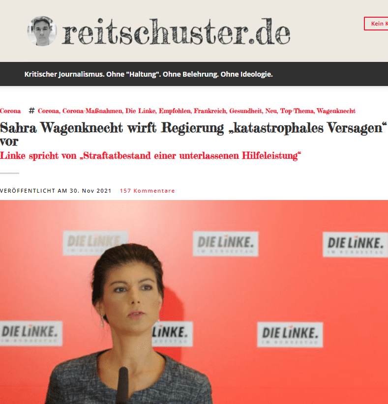 Es kommt dem Straftatbestand einer unterlassenen Hilfeleistung gleich, dass die Bundesregierung seit Sommer von der abnehmenden Effektivität der Impfstoffe wusste, die Menschen darüber aber bis heute kaum aufklärt, sondern mit 2G in einer Scheinsicherheit wiegt, und von einer „Pandemie der Ungeimpften“ schwadroniert, um von ihrem eigenen Versagen abzulenken. Die Auffrischimpfungen müssen nun für die gefährdetsten Personen über sechzig Jahre priorisiert werden.

Was Wagenknecht in ihrer Facebook-Kurzintervention auslässt, ist die Frage, warum diese Booster-Impfungen, so sie denn stattfinden, immer noch gegen die Wuhan-Variante geimpft werden. Der renommierte Virologe Alexander Kekulé nahm da schon vor einigen Tagen kein Blatt vor den Mund und befand:

„Man hätte sie längst an die Delta-Variante anpassen können. Dass die weltweit vorherrschen würde, war spätestens seit März klar. Da stellt sich mir die Frage, warum das nicht geschehen ist.“

Die Weltgesundheitsorganisation (WHO) meldete dazu, dass die bisherigen Impfstoffe die Übertragung der Delta-Variante nur um 40 Prozent reduzieren würden: „Die Datenlage deutet darauf hin, dass die Übertragung vor dem Auftreten der Delta-Variante durch die Impfstoffe um etwa 60 Prozent reduziert wurde. Mit Delta ist dieser Wert auf etwa 40 Prozent gesunken.“

Einige Impfstoffhersteller sollen längst über angepasste Impfstoffe verfügen. Biontech, Moderna, Astrazeneca, Janssen und Novavax entwickeln aktuell bereits Impfstoffe, welche vor der erst vor wenigen Tagen bekannt gewordenen Virus-Variante Omikron schützen könnten.

Jetzt mag es ein typischer linker Reflex sein, anzunehmen, es gehe hier im Wesentlichen um eine gigantische Geschäftemacherei der Pharmaindustrie. Aber dabei darf man den Staat nicht aus der Haftung nehmen. Unabhängig vom Sinn oder Unsinn, vom Risiko oder Nutzen solcher mRNA-Impfungen: Wer heute noch gegen eine Erreger-Variante impft, die großteils keine Rolle mehr spielen soll, der muss das erklären können.

Und dass die Lager voll wären, reicht hier als Erklärung nicht aus. Dann müsste die Regierung bitte mitteilen, warum die schwer bewachten Impfstofflager mit schon wieder veralteten wirkärmeren Impfstoffen voll sind und noch nicht mit modifizierten Stoffen der Impfstoffhersteller beispielsweise gegen die Delta-Variante. Auch muss hier deutlich transparenter die Rolle der Impfstoffhersteller in diesem düsteren Spiel aus Angebot und Nachfrage – mutmaßlich auf Kosten der Gesundheit vieler – offengelegt werden.

Wagenknechts Empörung also im Gespräch mit der NZZ, die titelte: „Sahra Wagenknecht kritisiert Deutschlands Impfpolitik: ‘Kommt dem Straftatbestand einer unterlassenen Hilfeleistung gleich‘“.

Gegenüber der Schweizer Zeitung spricht die Deutsche von einem „katastrophalen Versagen“ der Bundesregierung. Sie weist im Gespräch darauf hin, dass sich zunehmend doppelt geimpfte Bürger mit Corona infizieren würden, Symptome hätten und deswegen teilweise auch ins Spital müssten. „Dies gelte besonders für Menschen über sechzig Jahre. Hier liege die Durchbruchsquote der symptomatischen Fälle laut dem Robert-Koch-Institut bei mehr als zwei Dritteln“, schreibt die NZZ dazu.

Sahra Wagenknecht fordert weiter eine Priorisierung der Auffrischimpfungen für Menschen über 60 Jahre. Die Zeitung zitiert eine Sprecherin der Politikerin, die erwähnt hätte, dass die Politikerin selbst nicht geimpft sei. Sie würde sich aber durchaus mit einem sogenannten Totimpfstoff impfen lassen. Der würde nämlich nicht auf dem mRNA-Verfahren basieren.

Ist das etwas zwiespältig? Zum einen muss sich die Politikerin gar nicht dazu äußern, wie sie sich persönlich gegenüber der Impfung aufstellt. Wenn sie es aber dennoch macht, dann darf man Fragen stellen: Wenn Sahra Wagenknecht nämlich selbst die mRNA-Stoffe nicht möchte, dafür lieber Totimpfstoff, dann aber gleichzeitig schnellere mRNA-Impfungen für über 60-Jährige fordert, dann hat das eine Unwucht. Wäre hier eine Forderung von Wagenknecht nach Totimpfstoff für alle Bürger nicht stringenter oder ist das ein Denkfehler?

Auf jeden Fall aber mutet es mindestens fahrlässig an, wenn nicht sogar aggressiv spalterisch, dass der polit-mediale Komplex weiter gegen Ungeimpfte hetzt, wo diese in großer Zahl bereit wären, einen solchen Totimpfstoff zu nehmen. Einen Impfstoff, der im Übrigen alles andere ist als ein Exot und weltweit angewandt wird. Wer will es hier einem Ungeimpften verübeln, dass der sich Gedanken darüber macht, warum das Machbare in Europa verweigert wird? Die Skepsis der Ungeimpften basiert auf dem Versagen der Regierungen.