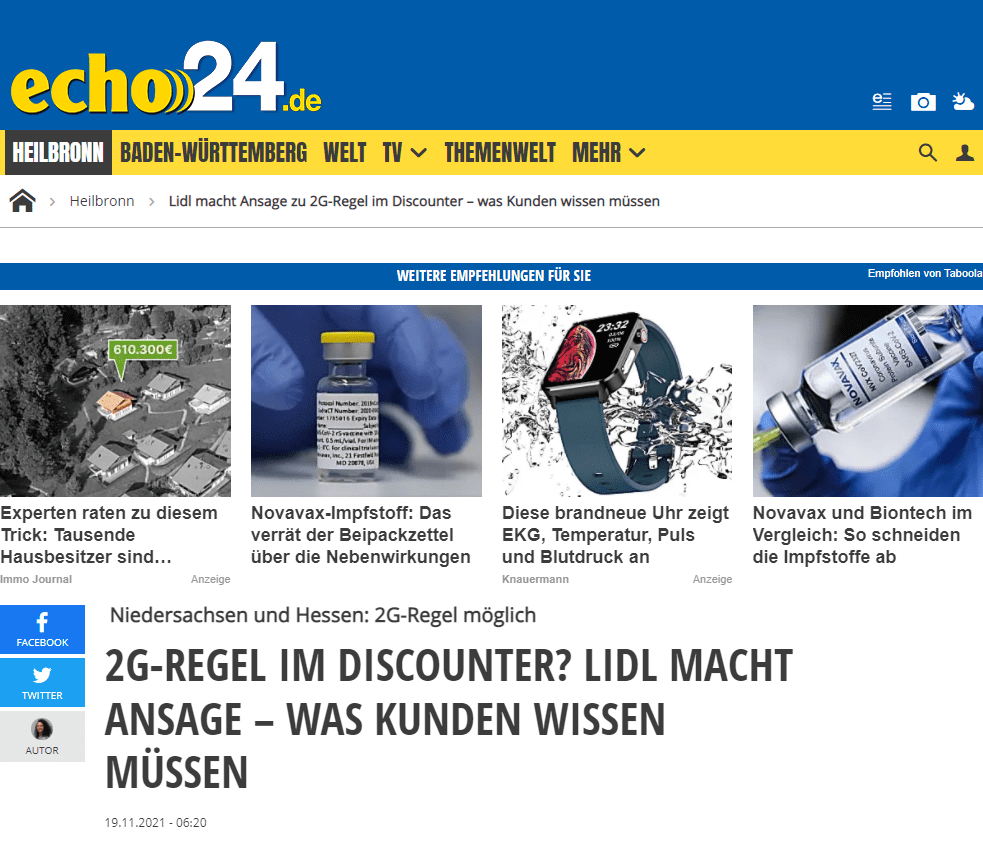 In der aktuellen Lage – also bei weniger als 250 Corona-Patienten auf den Intensivstationen im Land und einer Hospitalisierungsinzidenz unter 8,0 - gilt die 3G-Regel, wie echo24.de im Corona-Ticker für Baden-Württemberg berichtet. Demnach sind Geimpfte, Genesene und Getestete in öffentlichen Einrichtungen wie der Gastronomie und Fitnessstudios zugelassen.

Gastwirte können aber auch seit kurzem das 2G-Modell wählen. Dann dürfen Personen, die nicht geimpft oder genesen sind, ein Lokal nicht betreten. Auch bei manchen Friseuren gilt schon eine 2G-Regel*, wie 24.hamburg.de* berichtet.

Lidl: 2G-Regel beim Einkaufen? Discounter bezieht klar Stellung
Aber was ist nun im Lebensmittelhandel? Kommt die 2G-Regel bei Lidl zum Einsatz? Wie die Supermarkt-Giganten auf Nachfrage von echo24.de mitteilten, wird die 2G-Regelung nicht in Kraft treten. „Als Lebensmitteleinzelhändler, der die Grundversorgung sicherstellt, sind wir von der 2G-Regelung nicht betroffen. Wir werden diese weder in noch außerhalb Hessens umsetzen. In unseren Filialen gelten nach wie vor die bekannten Abstands- und Hygieneregeln sowie die Maskenpflicht“, sagte eine Sprecherin von Kaufland.