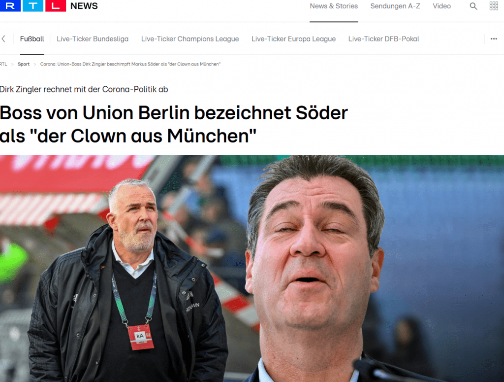 Zingler gegen die Politik
Rumms! Union Berlins Präsident Dirk Zingler hat sich auf der Mitgliederversammlung des Bundesligisten die Corona-Politik der Noch-Regierung zur Brust genommen. Die große Koalition habe Deutschland in einen Zustand des "Vollchaos" versetzt, ihn ärgern die sich immer wieder ändernden Verordnungen und ganz besonders hat es Zingler auf Markus Söder abgesehen.

Deutschland "im Vollchaos"
Dirk Zingler ist immer mit dem Herzen dabei, und nicht selten trägt der Union-Boss sein Herz auf der Zunge. "Aber ich wollte doch gar nichts über Corona sagen", entfuhr es ihm in einer kurzen Gesprächspause – doch da hatten die anwesenden Journalisten seine Schimpftiraden längst niedergeschrieben und gespeichert.

Bevor der Präsident des Bundesligisten auf der Mitgliederversammlung am Donnerstagabend die "sportlich erfolgreichste und wirtschaftlich wertvollste Phase der Vereinsgeschichte" verkündete, hatte er in einer Medienrunde einmal mehr die Corona-Politik scharf kritisiert. Vor allem die abgewählte Bundesregierung und Markus Söder bekamen ihr Fett weg.

"Die Abwälzung der Verantwortung auf die Menschen, Veranstalter und Unternehmen ist kaum noch zu ertragen", wetterte Zingler. "Unser Land ist in einem katastrophalen Zustand, weil es katastrophal geführt wird und katastrophal kommuniziert wurde." Das politische Handeln in der Krise sei teilweise "absurd", man befinde sich "im Vollchaos".

Kritik über die Einmischung bei Joshua Kimmich
Dies betreffe auch die Zuschauer-Thematik, so der 57-Jährige. Man erhalte "täglich andere Signale von der Politik". Ob Union am Freitagabend (20.30 Uhr) gegen RB Leipzig wie geplant vor 13.500 Zuschauern in der Alten Försterei auflaufen kann, war aufgrund der Bund-Länder-Beratungen am Donnerstag lange nicht sicher.

Zingler kritisierte zudem die Einmischung höchster politischer Kreise in den Fall des Impfskeptikers Joshua Kimmich. "Dass sich unsere Bundesregierung mit einer Einzelperson aus einer Branche befasst, die zu über 90 Prozent geimpft ist, ist ein Skandal", sagte er.

Die Empörung über volle Stadien in der vierten Welle empfindet Zingler ebenfalls als unangebracht. "Wir regen uns über volle Stadien auf, aber nicht über lange Schlangen an Impfzentren." Der Staat solle "bitte zuerst seine Hausaufgaben machen und erst dann bei den Menschen die Grundrechte einschränken". Hoffnung mache ihm die neue Ampel-Koalition, was auch daran läge, dass "der Clown aus München" nicht mehr dabei sei. Gemeint war offenbar Bayerns Ministerpräsident Söder (CSU), der kürzlich Geisterspiele für alle Bundesligisten gefordert hatte. 