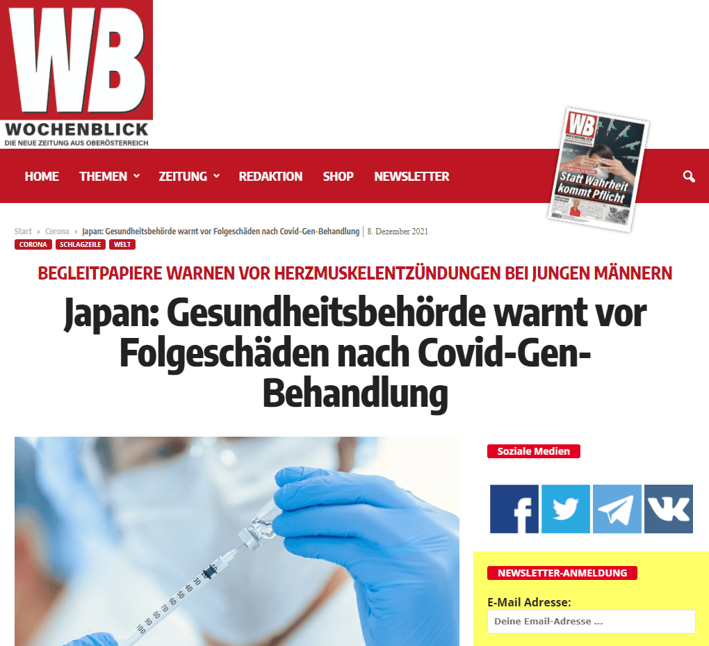 Japans Gesundheitsbehörde warnt nun offiziell vor dem Risiko einer Herzmuskelentzündung bei jungen Männern nach einer Covid-19-Gen-Behandlung mit Pfizer bzw. Moderna. Auf den Begleitpapieren zu den Seren muss ab jetzt der deutlich sichtbare Vermerk „schwerwiegende Nebenwirkungen“ angebracht sein.  Für Krankenhäuser in Japan besteht eine strenge Meldepflicht von Nebenwirkungen innerhalb von 28 Tagen nach dem „Stich.  Eine Impfpflicht steht in Japan nicht zur Debatte.

Behörde in Japan warnt Folgeschäden nach Covid-„Impf“-Behandlung
Vor allem bei jungen Männern: Risiko von Herzmuskelentzündung
Vermerk der schweren Nebenwirkungen muss auf Beipackzettel
Neuartige Zusatzstoffe wurden den Seren beigemischt
Keine Impfpflicht und Diskriminierungsverbot
Mysteriöse „Omikron“-Variante: Präventive Quarantäne

Neuartige Zusatzstoffe: Beschreibungen klären auf
In Japan werden aktuell drei Covid-19-Gen-Behandlungen angeboten. Darunter finden sich die mRNA-Boten-Seren von Pfizer (Comirnaty) und Moderna. In den zugehörigen Beschreibungen (hier und hier) wird jeweils am Ende darauf hingewiesen, dass das Produkt einen Zusatzstoff enthalte, der davor nie in einer „Impfung“ verwendet wurde und man sich im Impfgespräch mit dem Arzt dazu beraten solle. Verabreicht wird auch das Vektor-Serum Vaxzevria (vormals AstraZeneca), es wird es erst ab 40 Jahren empfohlen. Auch auf den neuartigen Zusatzstoff wird hingewiesen. 

Keine Impfpflicht und kein Druck in Japan
Dazu heißt es auf der Webseite des Gesundheitsministeriums rund um die Behandlung u.a.: Obwohl man alle Bürger zu einer solchen Gen-Behandlung ermutige, gebe es weder Pflicht noch Zwang. „Der Stich“ dürfe nur mit Zustimmung einer Person nach ausreichender Information erfolgen. Die „Impfung“ sei eine eigene, persönliche Entscheidung – im Wissen über Wirkung und mögliche Nebenwirkungen einer Covid-19-Behandlung.

Kein „Stich“ könne ohne Zustimmung verabreicht werden. Das Ministerium fordert dazu auf, niemanden am Arbeitsplatz oder im Umfeld zur „Impfung“ zu drängen, zu zwingen oder „Ungeimpfte“ zu diskriminieren. Angegeben ist auch ein Link zur „Menschenrechtsberatung“, samt Anleitung zur Abwicklung allfälliger Beschwerden. 

Mysteriöses „Omikron“: Forscher rätseln über Herkunft
Bei „Omikron“ nehmen japanische Wissenschaftler an, dass es durch „angesammelten Mutationen“ zu einem Stamm wurde, der sich von der Alpha- und Deltavariante unterscheidet. Die Variante hat ungefähr 30 Mutationen am Spike-Protein (Schlüssel für den Eintritt in die Zelle), dreimal so viel wie bei Delta und anderen Varianten.

„Omikron“ habe auch eine genetische Veränderung bei einem Enzym, das die Reproduktion des Virus unterstützt, sagte Professor Kosaki Kenjiro, von der Keio Universität für Schulmedizin. Woher genau „Omikron“ komme, könne er nicht feststellen. Wahrscheinlich aus einer Region, wo es keine vollständige Genom-Sequenzierung gebe. Ob „Omikron“ schwere Symptome bewirken könne, sei ebenfalls noch unklar.

Neue Quarantäneregeln für Einreisende erlassen
In Japan fand man bisher zwei „Omikron“-Fälle. Bei einem Diplomaten aus einem afrikanischen Land und einem 20-Jährigen, der aus Peru einreiste. Auch deren engere Kontaktpersonen werden jetzt untersucht. Unklar ist auch der Krankheitsverlauf nach einer Infektion mit „Omikron“. Japan hat jedenfalls präventiv seine Quarantäne-Regeln geändert.

Japaner und Ausländer mit Wohnsitz im Land, sollen sich nach Ankunft in spezielle Quarantänezentren begeben. Um Platzknappheit zu vermeiden, sollen Personen, die zwei „Stiche“ erhielten und aus „Omikron-freien“ Ländern kommen, sich selbst 14 Tage lang absondern. 3.500 Personen dürfen täglich nach Japan einfliegen.