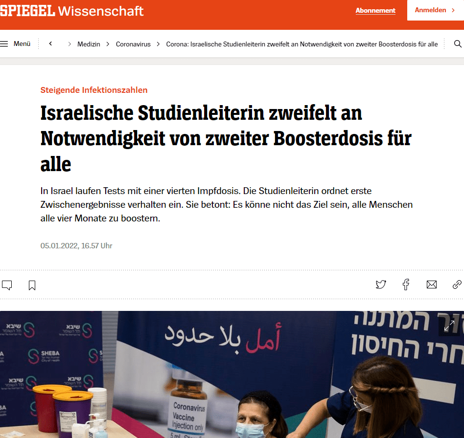 Man sei kurz nach der vierten Impfung wieder auf demselben Antikörperstand wie kurz nach der dritten, sagte Regev. Sie habe sich von einer zweiten Boosterimpfung mehr erhofft. Es könne nicht das Ziel sein, sich etwa alle vier Monate erneut gegen das Coronavirus impfen zu lassen. Sie sei zwar froh, dass man gefährdeten Bevölkerungsgruppen wie Immungeschwächten und über 60-Jährigen in Israel bereits die vierte Dosis gebe, sagte Regev. »Aber ich bin mir wirklich nicht sicher, ob man sie nun allen geben sollte. Wir brauchen noch mehr Informationen.«

In Israel wird die vierte Coronaimpfung medizinischem Personal und Menschen ab 60 Jahren empfohlen. Dies ist eine Reaktion auf die Ausbreitung der Omikron-Variante.

Regev betonte zugleich, dass die erste Boosterimpfung enorm wichtig ist: »Wer die erste und zweite Dosis bekommen hat, muss dringend auch die dritte bekommen.« Wer noch keinen Booster erhalten habe, solle zur Impfstation »rennen«, riet die Ärztin.

Am Mittwoch begann im Schiba-Krankenhaus ein weiterer Versuch mit einer vierten Impfdosis gegen das Coronavirus. 150 Teilnehmer sollen nach drei Dosen des Präparats von Biontech/Pfizer eine vierte Impfung mit Moderna erhalten. »Es kann sein, dass eine Kombination von Impfstoffen besser ist«, sagte Regev. Es sei weltweit der erste Versuch mit einer vierten Impfung mit kombinierten Vakzinen.

Die Zahl der Neuinfektionen mit dem Coronavirus hat in Israel einen Höchststand seit Beginn der Pandemie erreicht. Das israelische Gesundheitsministerium teilte am Mittwoch mit, binnen 24 Stunden seien 11.978 neue Fälle registriert worden. Die bisher höchste Zahl hatte am 2. September letzten Jahres bei 11.345 gelegen.