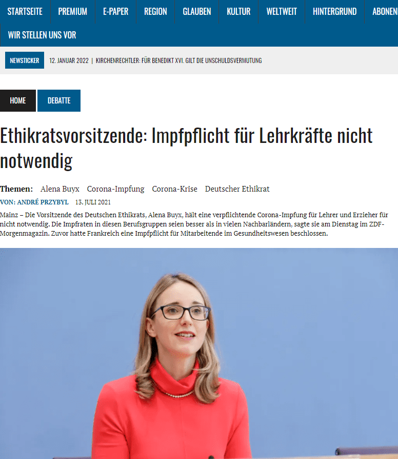 Niedrigschwellige Impfangebote
Buyx sagte, aus ihrer Sicht brauche es vielmehr eine gute Kommunikation und niedrigschwellige Impfangebote. Besorgt zeigte sie sich darüber, dass weiterhin kein Impfstoff für die Altersgruppe unter zwölf Jahren zugelassen ist: „Da muss jetzt unbedingt etwas passieren.“ Man könne weder das Virus in dieser Gruppe unkontrolliert lassen noch zusehen, wenn Schulen wieder schließen müssten.

Grundsätzlich mahnte Buyx zur Zurückhaltung. Noch immer sei eine Mehrheit der Bevölkerung nicht vollständig vor dem Coronavirus geschützt. Daher dürfe der Sommer nicht zu einer neuerlichen Infektionswelle führen. Die Inzidenzzahl sei zwar inzwischen weniger aussagekräftig, aber in Ländern wie Großbritannien steige derzeit auch die Zahl derjenigen, die mit einem schweren Verlauf ins Krankenhaus müssten.