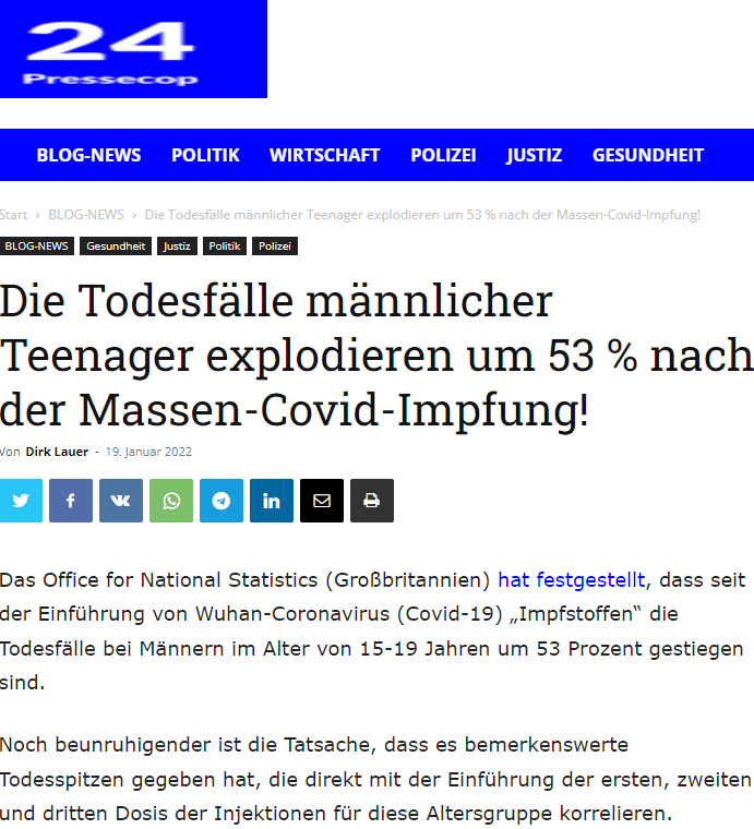 Auf dieser Grundlage sagen Experten, dass die Impfungen eindeutig schuld sind. Keine anderen Faktoren änderten sich außer der Tatsache, dass diese Jungen die Ärmel für ihre Fauci-Grippe-Aufnahmen gemäß den Richtlinien der Regierung hochkrempelten.

Daten, die aus der Ausgabe 2020 von „Wöchentlich in England und Wales registrierte Todesfälle“ gesammelt wurden, zeigen deutlich periodische Spitzen in der Todeszahl, als jede neue Injektion eingeführt wurde. Sobald ein vierter „Booster“-Schuss für kleine Jungen verfügbar ist, erwarten wir einen weiteren Todesanstieg.

Ab Woche 18 und darüber hinaus im Jahr 2021 gab es einen spürbaren Anstieg der Todesfälle bei Teenagern im Vergleich zum gleichen Zeitraum im Jahr 2020. Ab Woche 23 hat sich die Dinge wirklich zum Schlechteren gewendet.

„Zum Beispiel in Woche 26, obwohl das Covid-19-Virus angeblich in ganz Großbritannien [verwüstet] hat, wurden in England und Wales nur 2 Todesfälle bei männlichen Teenagern im Alter von 15-19 Jahren registriert“, berichtet das Daily Exposé.

„Aber ein Jahr vorspulen und wir können sehen, dass in Woche 26 19 Todesfälle unter männlichen Teenagern im Alter von 15-19 Jahren in England und Wales registriert wurden. Das entspricht einer Steigerung von [ein] 85 %.“

Ihr Kind wegen Covid zu injizieren, ist Kindesmissbrauch: Tun Sie es nicht!
Der bemerkenswerte Anstieg der Todesfälle in Woche 18 geht mit der Zeit ab, als 18- und 19-Jährige zum ersten Mal anfingen, sich zu jabben. Etwa zur gleichen Zeit begannen auch etwa 16- und 17-Jährige, sich zu jabben.

 

 

Laut den ONS-Berichten ereigneten sich zwischen Woche eins und Woche 52 im Jahr 2020 insgesamt 434 Todesfälle bei Männern 15-19 in England und Wales. Im Jahr 2021 stieg diese Zahl im selben Zeitraum auf 577 Todesfälle.

Zwischen Woche eins und 17 in beiden Jahren war die Zahl der Todesopfer in dieser Demografie in etwa gleich, ist es wichtig zu beachten. Ab Woche 18, als die Impfungen für kleine Jungen ankamen, stiegen die Zahlen für 2021 jedoch im Vergleich zu den Zahlen für 2020 in die Höhe. Es gibt einfach keine andere Erklärung dafür als die Injektionen. (verbunden: Covid-Injektionen verbreiten mehr Varianten, was auch zur Gesamtzahl der Todesopfer beiträgt.)

„Dies bedeutet, dass die Todesfälle bei Männern im Alter von 15-19 Jahren nach der Einführung des Covid-19-Impfstoffs in diese Altersgruppe im Vergleich zum gleichen Zeitraum im Jahr 2020 um 53 % gestiegen sind“, fügt das Exposé hinzu.

Wie üblich versuchen die „Behörden“, diese Todesspitzen auf „Covid“ zurückzusetzen. Aber ein einfacher Blick auf den Zeitpunkt, an dem die Jabs ausgerollt wurden und wann die Todesfälle wirklich zugenommen haben, zeigt deutlich, dass Ersteres Letzteres verursacht hat.

Während die Gesamtzahl der Todesfälle bei Jungen 15-19 sowohl in 2020 als auch 2021 immer noch relativ niedrig war, ist es immer noch besorgniserregend, dass es überhaupt einen Anstieg gab. Erinnern Sie sich, als Politiker behaupteten, dass selbst ein verlorenes Leben zu viele war? Nun, es gab viel mehr als einen, der dank der Impfungen unter Jungen 15-19 stattfand.

„Beachten Sie, dass die Todesfälle in Woche 52 zurückgingen – über die Weihnachtszeit, als Eltern sich nicht so sehr die Mühe gemacht hätten, ihre Kinder in die Ärzte zu bringen, um sich vergiften zu lassen“, bemerkte ein Exposé-Leser.

Bei Natural News stellte ein anderer Leser fest, dass die vollständig Geimpften jetzt mit entzündlichen Spike-Proteinen beladen sind, was für viele von ihnen einen frühen Tod bedeuten wird.

„Wir werden alle früher oder später betroffen und geschädigt sein“, fügte diese Person hinzu, wie die Jabbed diese Gifte auf die Nicht-Junged „verschütten“.