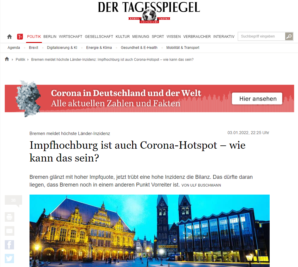 Die hohe Inzidenz liegt auch daran, dass Bremen in einem weiteren Punkt Vorreiter ist: Während in anderen Bundesländern erhebliche Lücken bei der Erfassung und Meldung der Corona-Erkrankungen bestehen, galt für das Land Bremen auch zwischen den Feiertagen: Es wird getestet, was das Zeug hält.

Alleine aus diesem Grund sind die an das RKI gemeldeten Zahlen nicht nur Spekulation, sondern die Abbildung des aktuellen Pandemiegeschehens. Man habe ein „relativ klares Bild“ zur Infektionslage, sagte Moock.

Gleichwohl habe seine Behörde erst in der ersten oder spätestens zweiten Januarwoche mit der Omikron-Dominanz gerechnet, sagte er. Nun sei es aber doch etwas schneller gegangen als erwartet. Lukas Fuhrmann, Sprecher des Bremer Gesundheitsressort von Senatorin Claudia Bernhard (Linke), weist zudem darauf hin, dass das aktuelle Geschehen die Lage von vor zwei Wochen abbilde. Damals sei Bremen noch nicht so weit mit dem Boostern gewesen.

Wann die Spitze des aktuellen Infektionsgeschehens erreicht sein wird, ist laut Fuhrmann noch nicht klar. „Wir wissen noch nicht alles über das Virus“, sagt er gegenüber dem Tagesspiegel. Das Gesundheitsressort müsse sich die Entwicklung nach den Feiertagen anschauen.
Medienberichten, wonach sich die Omikron-Virus-Variante gerade in Norddeutschland aufgrund der Nähe zu Dänemark und den Niederlanden ausbreite, will Fuhrmann zumindest für das Land Bremen nicht bestätigen. Wo Omikron nachgewiesen werde, „sehen wir keine große Reiseanamnese“, sagt er. „Das ist alles Community-Transmission, also anstecken in Bremen.“

Bremens Behörden wollen ihr Pandemie-Konzept nicht ändern
Obwohl Bremen aktuell bundesdeutscher Corona-Hotspot ist, sehen die Behörden aktuelle keine Veranlassung, ihr Konzept für den Umgang mit der Pandemie zu ändern. „Wir setzen weiterhin auf Kontaktnachverfolgung“, sagt Fuhrmann.

Damit der Stadtstaat nicht den Überblick verliert, sind aus anderen Bereichen der allerdings personell spärlich aufgestellten Kernverwaltung Mitarbeitende abgezogen worden. Außerdem leistet die Bundeswehr seit diesem Montag mit zehn Soldatinnen und Soldaten Amtshilfe bei der Kontaktnachverfolgung.

Gesundheitsamtsleiter Moock will im Buten & Binnen-Interview nicht ausschließen, dass sich die Lage in vier bis sechs Wochen ändere. Aktuell schaffe es die Behörde noch, „insbesondere das nahe Umfeld zu informieren.“

Allerdings stoße diese bei Inzidenzen von 1000 oder gar 1500 an ihre Grenzen. „Was immer möglich sein wird, ist eine Mail zu schicken – und per SMS werden sowieso alle positiv Getesteten einmal von den Laboren informiert“, wird Moock weiter auf der Buten & Binnen“-Webseite zitiert.

Nicht verändert hat sich die Situation auf den Intensivstationen der Krankenhäuser. „Die Zahl der Intensivpatienten ist auf hohem Niveau stabil“, sagt Karen Matiszick, Sprecherin der der Stadtgemeinde Bremen gehören Klinikgesellschaft Gesundheit Nord. Sie ergänzt: „Die Belastung ist groß, aber beherrschbar.“
Gleiches ist von den Bremer Kliniken in freier Trägerschaft zu hören. „Der Regelbetrieb kann aufrecht erhalten werden“, sagt Ingo Hartel, Sprecher des Diako Bremen.

Für das Klinikum Bremerhaven teilt Sprecher Henning Meyer auf Nachfrage mit: „Nach heutigem Stand haben wir sechs Corona-Patientinnen und -Patienten im Haus, derzeit benötigt keiner davon eine intensivmedizinische Behandlung. Dennoch bleibt die Lage natürlich gerade mit Blick auf die Omikron-Variante und ihre Verbreitung auch aus unserer Sicht angespannt.“