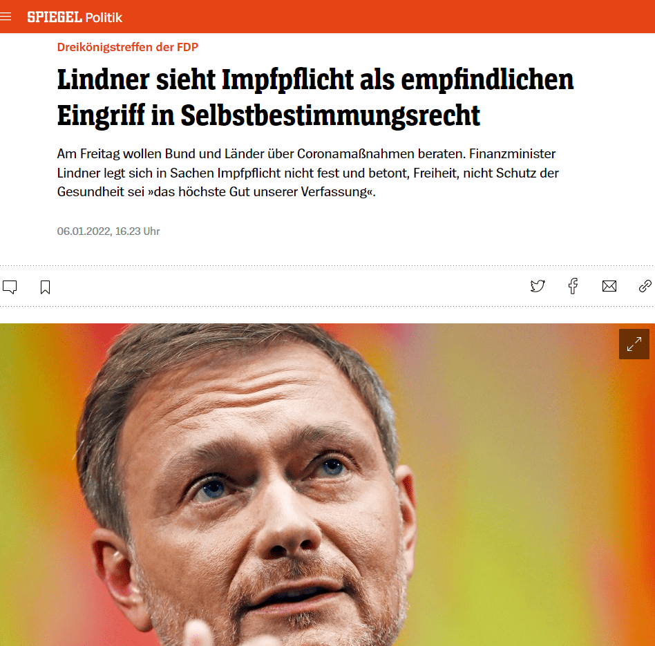 Eine Impfpflicht bezeichnete er als empfindlichen Eingriff in das Selbstbestimmungsrecht der Menschen, über das zu Recht ohne Parteilinien entschieden werden müsse. »Ich bin nicht mehr prinzipiell dagegen«, sagte Lindner weiter. »Aber ich bin auch nicht positiv entschieden.«

Lindner, der auch Bundesfinanzminister ist, sagte, der Verlauf der Pandemie in den vergangenen Wochen sei eine Bestätigung für ein maßvolles Vorgehen bei Eingriffen in Grundrechte. Die Krisenstrategie der neuen Bundesregierung mit 2G- und 3G-Regeln für den Hygieneschutz, der Wiedereinführung kostenloser Tests und einem Krisenstab mit einem Bundeswehrgeneral an der Spitze zeige Wirkung.