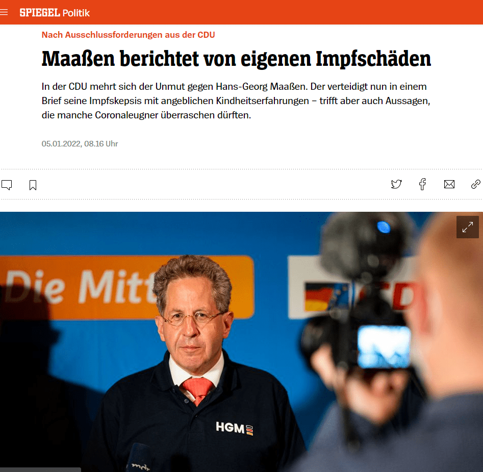 Mit fünf Jahren habe er nach einer Impfung notoperiert werden müssen, ein Jahr später nach einer Kombinationsimpfung ein zweites Mal. Über den Brief hatte zuerst das Onlineportal »The Pioneer« berichtete, auch der Nachrichtenagentur dpa liegt er vor.

Schleswig-Holsteins Bildungsministerin Karin Prien, die auch Mitglied im CDU-Bundesvorstand ist, hatte am Sonntag Maaßens Ausschluss gefordert.

»Mein Grundrecht auf Meinungsfreiheit«
»Die Ankündigung eines Parteiausschlussverfahrens gegen ein Parteimitglied wegen eines solchen Postings ist ein Angriff auf die Meinungsfreiheit und die innerparteiliche Demokratie«, schreibt der gescheiterte Bundestagskandidat. Damit sollten andere Mitglieder eingeschüchtert werden. »Wenn ich mit einem Posting ein Video eines Professors teile, der sich ernsthafte Sorgen wegen der Verimpfung der mRNA-Impfstoffe macht, übe ich damit mein Grundrecht auf Meinungsfreiheit aus.« Die CDU müsse sich mit den Argumenten kritischer Experten auseinandersetzen.

»Ich kann jeden verstehen, der sich impfen und boostern lässt, denn Covid-19 ist eine ernste Erkrankung«, heißt es in dem Schreiben. Aber der Staat sei verpflichtet, die Sorgen der Ungeimpften ernst zu nehmen. »Ich bin nicht gegen Impfungen, denn ich halte sie für ein sehr wichtiges Mittel, um Infektionskrankheiten vorzubeugen«, versicherte Maaßen. Er habe sich immer wieder impfen lassen, aber nur mit Impfstoffen, die er gut vertragen habe. Die Aussage von Politikern, eine Impfung sei nur ein Piks, halte er jedoch für leichtfertig.

Angesichts der Äußerungen forderte neben Prien nun auch der CDU-Sozialflügel von der Bundesspitze der Partei eine deutliche Distanzierung. »Hans-Georg Maaßen missbraucht seine CDU-Mitgliedschaft, um mit extremen Äußerungen Aufmerksamkeit zu erregen. Damit fällt er den Polizeibeamten in den Rücken, die ihren Kopf bei den Corona-Demonstrationen hinhalten«, sagte der stellvertretende Bundesvorsitzende der Christlich-Demokratischen Arbeitnehmerschaft (CDA), Christian Bäumler.

»Die CDU muss sich klar von Verschwörungstheoretikern abgrenzen. Die Verharmlosung von Hans-Georg Maaßen muss ein Ende haben.« Bäumler ist auch Landesvorsitzender der CDA im Südwesten und sitzt im Landesvorstand der Südwest-CDU.

»Wissenschaftlich nicht fundiert«
Auslöser für den Ausschlussstreit ist ein von Maaßen geteiltes Video des Bestsellerautors Sucharit Bhakdi, in dem dieser einen Stopp der Coronaimpfungen fordert. Schleswig-Holsteins Generalstaatsanwaltschaft ermittelt gegen den Mikrobiologen wegen des Vorwurfs der Volksverhetzung. Bei »Querdenkern« ist Bhakdi seit Längerem wegen seiner Thesen beliebt.