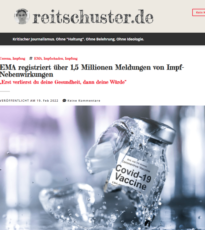 Ein ähnliches Bild zeigt sich bei den Todesfällen. Bei allen EMA-Meldungen sind es 1,48 Prozent, bei allen EMA-Meldungen aus dem EWR sind es nur noch 0,96 Prozent und bei allen dem deutschen PEI vorliegenden Meldungen liegt die Quote bei 0,92 Prozent. Dabei bewertet das PEI „den ursächlichen Zusammenhang mit der Impfung“ nur bei einem Bruchteil der registrierten Todesfälle „als möglich oder wahrscheinlich“.


Quellen: EMA (alle) 11.2.2022 via www.impfnebenwirkungen.net; EMA EWR (Nebenwirkungen) 29.1.2022 via www.transparenztest.de; EMA EWR (Todesfälle) 4.2.2022 via www.impfnebenwirkungen.net; PEI 31.12.2021 via Sicherheitsbericht vom 7.2.2022
21 Jahre Impfstoffsicherheit auf den Kopf gestellt
Trotzdem sieht die Bilanz der Corona-Schutzimpfung nicht gut aus, wie ein Vergleich mit den sonst eingesetzten Vakzinen zeigt. Während diese in den 21 Jahren von 2000 bis 2020 zu nur knapp 7 Meldungen pro 100.000 Impfdosen geführt hatten, kommen die Corona-Impfstoffe auf das 24-fache. Noch drastischer fällt der Vergleich bei den schweren Nebenwirkungen aus. Hier hat sich die Quote um das 167-fache erhöht.


Quelle: Paul-Ehrlich-Institut; Impfdosen 2000-2020 nach Arzneimittel-Atlas (2003-2020) und Jahresdurchschnitt (2000-2002); schwerwiegende Fälle (2000-2020) via transparenztest.de; Todesfälle (2000-2020) PEI via dpa-factchecking.com
Die Datenanalysten von impfnebenwirkungen.net haben die COVID-19-Vakzine noch mit der üblichen Grippe-Impfung (2007-2017) verglichen. Dabei sind sie zu dem Ergebnis gekommen, dass „die Wahrscheinlichkeit einer schwerwiegenden Nebenwirkung im Zusammenhang mit einer COVID-19-Impfung“ 98-mal höher ist als bei einer Grippe-Impfung. Und die „Wahrscheinlichkeit eines Todesfalls“ hat sich nach Berechnungen der Gruppe um das 53-fache erhöht.

94 Prozent Dunkelziffer
Dabei unterliegen diese exorbitant hohen Zahlen wahrscheinlich noch einem sogenannten „Underreporting“, also der Nichtmeldung von Fällen und damit die Untererfassung von Risiken. 2006 kam eine Metastudie diesbezüglich zu dem Ergebnis, dass man mit einer Dunkelziffer von 94 Prozent zu rechnen habe. Ganz ähnlich beurteilten es jüngst Experten des Verbandes der pharmazeutischen Industrie Österreichs, Pharmig. Nur sechs Prozent der zu erwartenden Probleme würden gemeldet, hieß es dort.

Sowohl die Metastudie als auch das Problem der Untererfassung sind dem deutschen PEI bekannt, wie man dem „Bulletin zur Arzneimittelsicherheit“ von Dezember 2018 entnehmen kann. Trotzdem nährt das Institut bei den Corona-Vakzinen ein gegenläufiges Narrativ. So schrieb man etwa im Sicherheitsbericht vom 10.6.2021 zu dem Vektorimpfstoff von Astrazeneca: „Zusammengefasst erscheint die Melderate von Blutungen nach Impfung mit Vaxzevria höher als nach den beiden mRNA-Impfstoffen zu sein. Zu berücksichtigen ist allerdings, dass die mediale Aufmerksamkeit möglicherweise auch zu einer erhöhten Melderate nach Impfung mit Vaxzevria geführt haben könnte.“

Tabu-Thema Impfschaden
Wie es einem „Verdachtsfall von Nebenwirkungen und Impfkomplikationen“ in der Praxis ergeht, konnte man am Ende Januar in einem Gastbeitrag in der Berliner Zeitung nachlesen. Dort berichtete der Jurist Rolf Merck über seine Erfahrung mit der Corona-Schutzimpfung:

„Ich gehöre zu einer unsichtbaren Minderheit. Obwohl wir inzwischen viele sind. Wie viele? Exakte Zahlen über uns gibt es nicht, wir werden nicht zuverlässig erfasst, obwohl wir erfasst werden müssten. (…) Im öffentlichen Diskurs kommen wir dennoch nicht vor. Wir erhalten keine Aufmerksamkeit und keine Stimme. Wir werden totgeschwiegen.“

Wenige Tage nach seiner zweiten Corona-Schutzimpfung mit Biontech stellten sich bei Merck „Muskel- und Gelenkschmerzen, Taubheitsgefühle in Armen und Händen, starke Erschöpfung und dauerhafte Kopfschmerzen“ ein. „Das ist eine überschießende Immunantwort, das geht vorbei…“, erklärte ihm ein Neurologe. Kurz darauf erlitt der Jurist einen Schlaganfall, den er nur dank schneller Hilfe überlebt hat.

'Erst verlierst du deine Gesundheit und dann deine Würde'
Nach seiner Entlassung aus dem Krankenhaus suchte Merck einen Arzt nach dem anderen auf. „Da ich natürlich wissen wollte, was mit meinem Körper seit der Impfung passiert ist. Wie das alles geschehen konnte. Ich war überzeugt davon, für die Medizin ein spannender Fall zu sein, der im besten Falle die Wissenschaft weiterbringt – ach, wie naiv ich war!

Meine Geschichte hat nicht nur (fast) keinen Arzt interessiert. Nein, ich wurde nicht einmal ernstgenommen. Misstrauen, Unverständnis und Langeweile sah ich in den Gesichtern der Ärzte (…). Als habe man durch die Impf-Beschwerden ein Tabu gebrochen, etwas Heiliges in Frage gestellt, einen gesellschaftlichen Verrat begangen. Und dann erst verstand ich den Satz eines Bekannten, der ebenfalls schwere Nebenwirkungen erlitt: Erst verlierst du deine Gesundheit und dann deine Würde.“