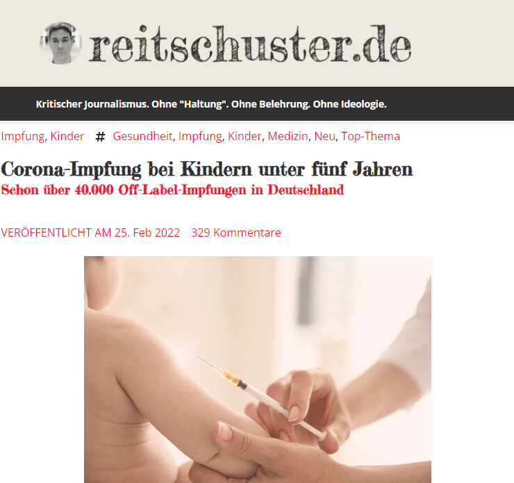 Kinder kaum von Corona betroffen
Um eine sinnvolle Abwägung für die Impfentscheidung bei Kindern treffen zu können, sind erst einmal die der Gefahren einer Corona-Infektion bei Kindern zu ermitteln. In einer Stellungnahme der Deutschen Gesellschaft für Krankenhaushygiene (DGKH) und der Deutschen Gesellschaft für Pädiatrische Infektiologie (DGPI) zu den Infektions- und Übertragungsrisiken von SARS-CoV-2, Morbidität und Mortalität bei Kindern und Jugendlichen schreiben die Autoren: „Weniger als eines von 100 Kindern mit einer SARS-CoV-2-Infektion muss ins Krankenhaus aufgenommen werden, fünf Prozent aller im Krankenhaus behandelten Kinder mit SARS-CoV-2-Nachweis benötigen eine Intensivtherapie und 3 bis 4 von 1.000 dieser stationär behandelten Kinder versterben mit oder an Covid-19.“

Das Paul-Ehrlich-Institut gibt im Epidemiologischen Bulletin 01/2022 vom 6. Januar die folgenden Werte für an COVID-19 verstorbene Kindern je Altersgruppe an:



Dazu schreibt das PEI: “Mit Datenstand vom 09.12.2021 wurden an das RKI 7 COVID-19-bedingte Todesfälle im Alter von fünf bis elf  Jahre übermittelt. Fünf Mädchen und 2 Jungen waren betroffen. Alle 7 Kinder litten bereits vor der SARS-CoV-2-Infektion an schweren Grunderkrankungen (z. B. frühkindliches Fehlbildungssyndrom, schwere kardiale oder neurologische Erkrankungen, Immundefizienz). Bei den übrigen Todesfällen im Kindes- und Jugendalter bestanden ebenfalls schwere Vorerkrankungen.”

Und das RKI schreibt in seinem Wochenbericht vom 17. Februar: “Die Todesfälle bei unter 20-Jährigen werden einzeln vom RKI geprüft und validiert, so dass es bei der Anzahl der Todesfälle in dieser Altersgruppe in den veröffentlichten Daten noch zu Veränderungen kommen kann. Bislang sind dem RKI 50 validierte COVID-19-Todesfälle bei Kindern und Jugendlichen im Alter bis 19 Jahre übermittelt worden. Bei 35 Fällen lagen Angaben zu bekannten Vorerkrankungen vor.”

Wie so oft wird in der Darstellung allerdings nicht klar, wie häufig die Vorerkrankungen für den Tod ursächlich waren und ob eben nur zusätzlich noch ein positiver Corona-Test vorlag.

Im sog. GECKO-Report des österreichischen Bundeskanzleramts finden sich Hinweise zu Long-Covid bei Kindern. Dort heißt es: “Es gibt mittlerweile neue Erkenntnisse aus mehreren gut kontrollierten Studien, die in ihrer vorläufigen Gesamtheit auf ein geringes Risiko von Long-Covid bei Kindern hinweisen. Molteni et al. (UK) berichten, dass sich 97 % aller Kinder im Alter von 5 bis 11 Jahre nach 4 Wochen komplett von COVID-19 erholt hatten.”

Impfschäden bei Kleinkindern
In der von der Europäischen Arzneimittel-Agentur (EMA) geführten Datenbank zu unerwünschten Gesundheitsfolgen nach der Einnahme der Impfung sind für die Anwendung der Pfizer/Biontech-Impfung bis zum 19. Februar 773 Verdachtsfälle in der Altersgruppe bis zwei Jahre mit einer Nebenwirkung gemeldet.


Verdachtsfälle von Impfschäden des Biontech/Pfizer-Impfstoffs.
(Quelle: EMA/Eudra-Vigilance-Datenbank)
Beim Durchsuchen der Berichte fällt auf, dass die Nebenwirkungen oftmals nach dem Stillen der Kinder auftraten und nicht unmittelbare Folge der Impfung des Kleinkindes waren.

Warum Eltern ihre Kinder gegen eine Krankheit impfen lassen, die für diese nur eine minimale Gefahr darstellt, ist nur schwer zu verstehen. Eine präzise Risikoabschätzung ist weiterhin nicht möglich, da die Wirkung des Impfstoffs bei Kindern noch weniger erforscht ist als bei der erwachsenen Bevölkerung.

Im 17. Sicherheitsbericht (S.15 ff.) des Paul-Ehrlich-Instituts (PEI) vom 7. Februar sind auch erstmal genauere Angaben zu Impfschäden bei Kindern aufgeführt. Der Datenstand des Reports ist der 31. Dezember 2021. Das PEI hat also einen erheblichen Meldeverzug von fünf Wochen.

Im 16. Sicherheitsbericht waren noch 55 Verdachtsmeldungen angegeben. Inzwischen sind es 505. Also eine Zunahme von 450 Fällen innerhalb eines Monats.

Da die Pfizer/Biontech-Impfung die einzige Impfung ist, die für Kinder unter 12 Jahren zugelassen ist, und die Zulassung erst seit dem 12. Dezember vorliegt, kann gefolgert werden, dass der überwiegende Teil der 505 Meldungen zwischen dem 12. und 31. Dezember 2021 eingegangen sein muss.

Das PEI schreibt: “Von den 505 Verdachtsmeldungen einer Nebenwirkung nach Impfung von Kindern unter 12 Jahren mit Comirnaty war bei insgesamt 103 Verdachtsmeldungen ein Alter unter 5 Jahren zum Zeitpunkt der Impfung angeben. In 20 der 103 Fälle handelte es sich um gestillte Säuglinge, bei denen unerwünschte Reaktionen im zeitlichen Zusammenhang mit einer Impfung der Mütter berichtet wurden.”

Somit bleiben 83 Reaktionen, die nicht durch das Stillen erklärt werden können. Entweder dies sind die angesprochenen Off-Label-Impfungen oder die Kinder waren zum Zeitpunkt der Impfung noch im Bauch der Mutter.

Einen weiteren Anhaltspunkt liefert das PEI für die tödlichen Nebenwirkungen bei Kindern im Alter von 12 bis 17 Jahre. Das PEI gibt acht Todesfälle von Kindern im Zusammenhang mit der Impfung im aktuellen Epidemiologischen Bulletin an (S.17) : “Acht der 3.120 Verdachtsfallmeldungen (0,26 %) beziehen sich auf einen tödlichen Ausgang im Abstand von zwei Tagen bis fünf Monaten nach Impfung mit Comirnaty.”

Wie oben notiert, gibt es in dieser Altersgruppe fünf COVID-19-Todesfälle, die an oder mit der Krankheit gestorben sind. Und das über den ganzen Zeitraum seit Auftreten der Krankheit. Die Impfung für Kinder und Jugendliche wird aber erst seit vergleichsweise kurzer Zeit verabreicht.

Es lässt sich hier erahnen, dass die Impfung ein negatives Risiko-Nutzen-Profil aufweist und zumindest für Kinder ungeeignet ist.

Trotz dieser Zahlen, die für jeden relativ leicht zu recherchieren sind, scheinen die angstgeplagten Eltern die relativ gefährlichere Impfung der oftmals harmlosen Erkrankung mit COVID-19 vorzuziehen. Dabei bleiben bisher unbedacht die eventuellen langfristigen Folgen des gentechnischen Eingriffs in das Immunsystem des Kindes.

Impfärzte wollen meist anonym bleiben
Das Auffinden von Ärzten, die die Off-Label-Impfung für die Kleinsten anbieten, ist schwierig. Die meisten Ärzte wählen den Weg der Anonymität und werden nur durch Mund-zu-Mund-Propaganda weiterempfohlen.

Zu groß sei der Druck, der den Medizinen entgegenschlägt, berichtet die Leipziger Volkszeitung (Paywall) unter Berufung auf einen anonymen Arzt.

Aber es gibt auch Ärzte, die offen mit der Kinderimpfung umgehen. So beispielsweise Dr. med. Wolfgang C. G. von Meißner aus Baiersbronn, der sich medienwirksam von der Bild-Zeitung bei der Kinderimpfung ablichten lässt. Passenderweise arbeitet der Facharzt für Allgemeinmedizin in der Hausarztklinik am Spritzenhaus.

Meißner äußert gegenüber der Bild: „Wir impfen auch Babys ab sechs Monaten damit. Er ist hervorragend erforscht und enthält nicht einmal einen Konservierungsstoff. Die Beipackzettel anderer Impfstoffe sehen weitaus dramatischer aus. Es gibt kaum nennenswerte Impfreaktionen. Dagegen ist das Risiko einer Covid- oder Covid-Folgeerkrankung viel größer.“