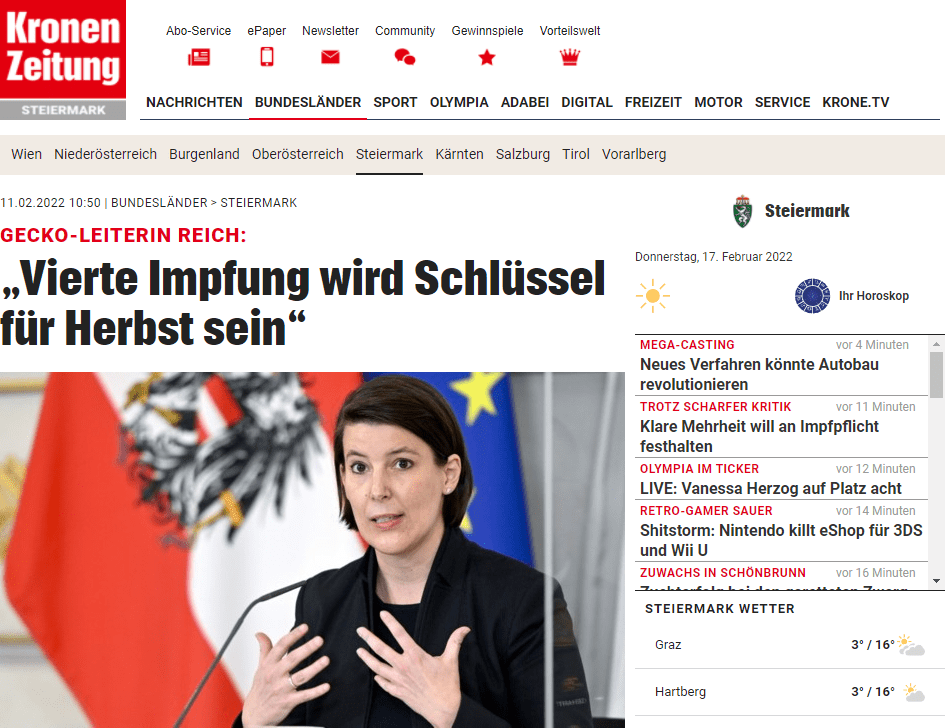 Ob und wann die dritte Phase der Impfpflicht mit automatischen Strafen für alle Ungeimpften beginnt, ist derzeit ja noch offen. Reich sagt: „Es ist wichtig, dass das System ordentlich funktioniert und nicht mit Fehlern behaftet ist.“ Ein Start müsse daher nicht gleich am ersten Tag, an dem es technisch funktioniert (wohl nicht vor April), erfolgen. Der Herbst erscheine ihr aber zu spät.

Uhr läuft spätestens Mitte Oktober ab
Klar äußerte sich Reich dazu, dass eine vierte Corona-Impfung notwendig sein wird. „Sie wird der Schlüssel sein, um gut in die heikle nächste kühle Jahreszeit zu starten.“ Sie habe sich erst am Donnerstag mit dem Impfexperten Herwig Kollaritsch ausgetauscht. Die klare Meinung: „Ende September, spätestens Mitte Oktober müssen wir mit der vierten Impfung fertig sein. Der Großteil der Bevölkerung soll dann einen Immunschutz haben.“

Das heißt: Der Sommer wird zu einer intensiven Impfzeit werden. Das sei angesichts der zu erwartenden hohen Reisetätigkeit auch wichtig, betont Reich. Noch nicht geklärt ist vom Nationalen Impfgremium, in welchem Abstand zur dritten Impfung der vierte Stich erfolgen soll. Reich geht derzeit bei immungesunden Menschen von etwa neun Monaten aus, bei älteren und kranken Personen schon ab sechs Monaten.

Impfstoff-Varianten für Frühjahr erwartet
Offen sei auch noch, wie die für April oder Mai erwarteten, auf Omikron abgestimmten Impfstoff-Varianten verwendet werden. Eventuell werden sie mit dem altbekannten Impfstoff gemixt, berichtete Reich.

Insgesamt blickt die Generaldirektorin nach einer „Safety-Car-Phase“ im Februar mit Infektionszahlen auf hohem Niveau optimistisch auf das Frühjahr. Bereits im März sollte sich die Situation laut Expertenprognosen deutlich entspannen. Daher seien auch die aktuellen vorsichtigen Öffnungsschritte etwa im Handel oder in der Gastronomie zu begrüßen.

