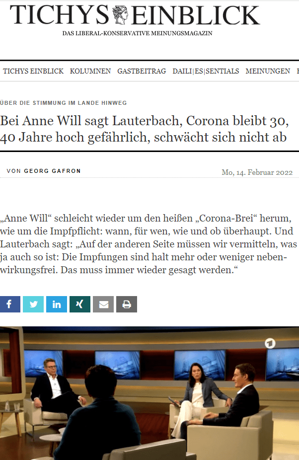 Da tut seitens der Opposition CSU-Generalsekretär Markus Blume so, als habe man erst jetzt die negativen Folgen einer schon im März einsetzenden Impfpflicht im Kranken- und Altenpflegebereich erkannt und ziehe à la Söder die Notbremse. Der schon lange zum Inventar der Will-Runde zählende Meister der schwarzen Orakel und derzeitige Bundesgesundheitsminister Karl Lauterbach kritisiert zwar das wie so oft überraschende Wendemanöver des noch bis vor Kurzem „eisernen Alpen-Ritters“ aus dem Süden, wirkt aber in der Sache dann selbst fast einsichtig. Ob es überhaupt zu einer generellen Impfpflicht kommt, scheint mehr als unsicher, zieht sich durch die Runde, wenn selbst Lauterbach sagt: „Auf der anderen Seite müssen wir auch vermitteln, was ja auch so ist: Die Impfungen sind halt mehr oder weniger nebenwirkungsfrei. Das muss immer wieder gesagt werden.“

Dann aber setzt Lauterbach einen Angstmacher der Sonderklasse in die Welt: Dass Corona harmloser werde, etwa wie eine Erkältungskrankheit, sei in den nächsten 10 Jahren falsch, das träte vielleicht in 30, 40 Jahren ein.

Wie schon beschrieben, gelang es Will leider nicht, die wahren Ursachen für die aktuelle Wackel-Kapriolen der Politik aufzuzeigen. So tut man in Berlin zwar, als seien die wöchentlichen Demonstrationen in ganz Deutschland nur ein Polizeiproblem. In Wahrheit aber haben die Strategen im Kanzleramt und den Parteizentralen längst begriffen, dass sich hier ein Bürgerprotest dauerhaft zu etablieren beginnt, dessen weitere Ausbreitung nicht auszuschließen ist. Der Protest gegen die Corona-Maßnahmen der Regierungen zeigt sich mittlerweile in mehreren Ländern Europas und auch in den USA und Kanada.
Eine Politik, die das nicht zur Kenntnis nehmen will, muss zwangsläufig in eine Vertrauenskrise führen. Auch die Qualifizierung der Bürgerproteste als rechtsradikale „Sumpfblüte“, entspricht in Deutschland nicht der Realität und kann erst recht nicht für die klassischen Demokratien in Frankreich und den skandinavischen Ländern behauptet werden. Hinzu kommt eine inzwischen tiefe Müdigkeit in der Gesamtbevölkerung, die nicht zuletzt Folge einer nicht abreißenden Serie von Pannen und schlichtem Missmanagement ist.

Niemand kann auch verstehen, warum unverändert jede Nachrichtensendung mit immer neuen Horror-Meldungen über steigende Inzidenzen (positiv Getestete, nicht Infizierte) beginnt, obwohl jeder weiß, dass ausschließlich die Situation in den Krankenhäusern die Belastung des Gesundheitssystems und damit unserer Gesellschaft durch die Pandemie spiegelt. Und da sind die dramatischen Schreckensszenarios von Lauterbach und Co. nicht eingetreten – umgekehrt: Ungeachtet steigender Inzidenzen muss in den Krankenhäusern kein Notstand ausgerufen werden.

Ein Höhepunkt jeder Will-Sendung ist, wenn einmal Vertreter aus den Einrichtungen selbst zu Wort kommen. Diesmal war es die Leiterin einer Pflegeeinrichtung im sächsischen Freital. Elke Keiner berichtete davon, wie schwer aufgrund des schon vor Corona bestehenden Personalmangels und der dauerhaften Fluktuation jede Planung ist. Wenn nur fünf der Mitarbeiter ungeimpft seien, diese aber ab Mitte März nicht mehr arbeiten dürften, bräche das System zusammen. In ihrer Einrichtung seien 81 Personen in der Pflege tätig, davon seien 27 nicht geimpft. Sie habe mit jedem gesprochen. Die Gründe für die Impfverweigerung seien vielfältig. Die einen hätten Angst vor Nebenwirkungen, andere berufen sich auf Erlebnisse mit Impfschäden bei Patienten, und manche warten schlicht auf neue Impfstoffe ohne mRNA-Faktor. Deren Verfügbarkeit kündigte Lauterbach insbesondere für die Kranken- und Altenpflegeeinrichtungen noch für Februar an.
Es ist schade, dass die Moderatorin diese allgemeine Stimmungslage samt ihrer Ursachen nicht zum Thema machte. Diese Zurückhaltung trifft übrigens auf den gesamten öffentlich-rechtlichen Rundfunk zu. Da dort mittlerweile jeder weiß, dass die Existenz des gesamten Systems immer mehr vom Willen der Politik abhängt, scheut man die Kritik an deren Entscheidungen. Über das Aufzeigen von Symptomen reicht der journalistische Ehrgeiz offenbar nicht mehr hinaus.

Anne Will hätte also noch viel Stoff für spannende Sendungen, doch so lässt sie es immer wieder einfach dahinplätschern.