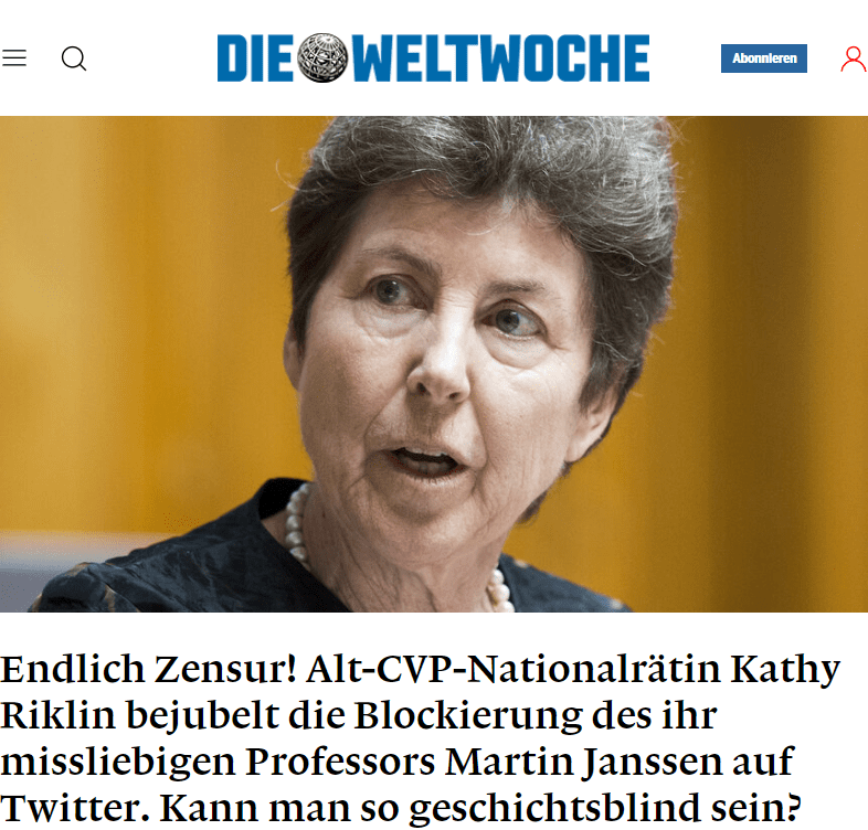 <!-- wp:paragraph -->
<p>Der «Hypothese» über «Schrapnell-Teile» müsse nachgegangen werden, forderte Janssen und rief die Bundesanwaltschaft zu einer Untersuchung auf.</p>
<!-- /wp:paragraph -->

<!-- wp:paragraph -->
<p>Zugegeben: Reissners Darlegungen sind abenteuerlich und grenzen ans Unglaubliche. Sie sollten wissenschaftlich leicht widerlegbar sein.</p>
<!-- /wp:paragraph -->

Stattdessen löscht Twitter willkürlich den vielbeachteten Account Janssens, nur weil er gewagt hat, etwas Unaussprechliches fragend zu erwähnen.

Gleichzeitig bleibt alles Positive zur Impfung stehen – auch Widerlegtes und Unsinniges.

Und Kathy Riklin klatscht schadenfroh Beifall, nicht ohne den maliziösen Hinweis, dass es hier einen «SVP-Fan» getroffen habe.

Viel gefährlicher als das Herumreichen von abenteuerlichen Theorien – über die sich ein jeder seinen Teil denken kann – ist, dass ein amerikanischer Tech-Gigant darüber entscheidet, was in der Schweiz veröffentlicht werden darf.

Und dass eine Schweizer Alt-Nationalrätin eine solche Zensur abfeiert.

Im Mittelalter erklärte man missliebige Menschen unter dem Johlen des Publikums für vogelfrei.

Allzu viel trennt uns nicht mehr davon.