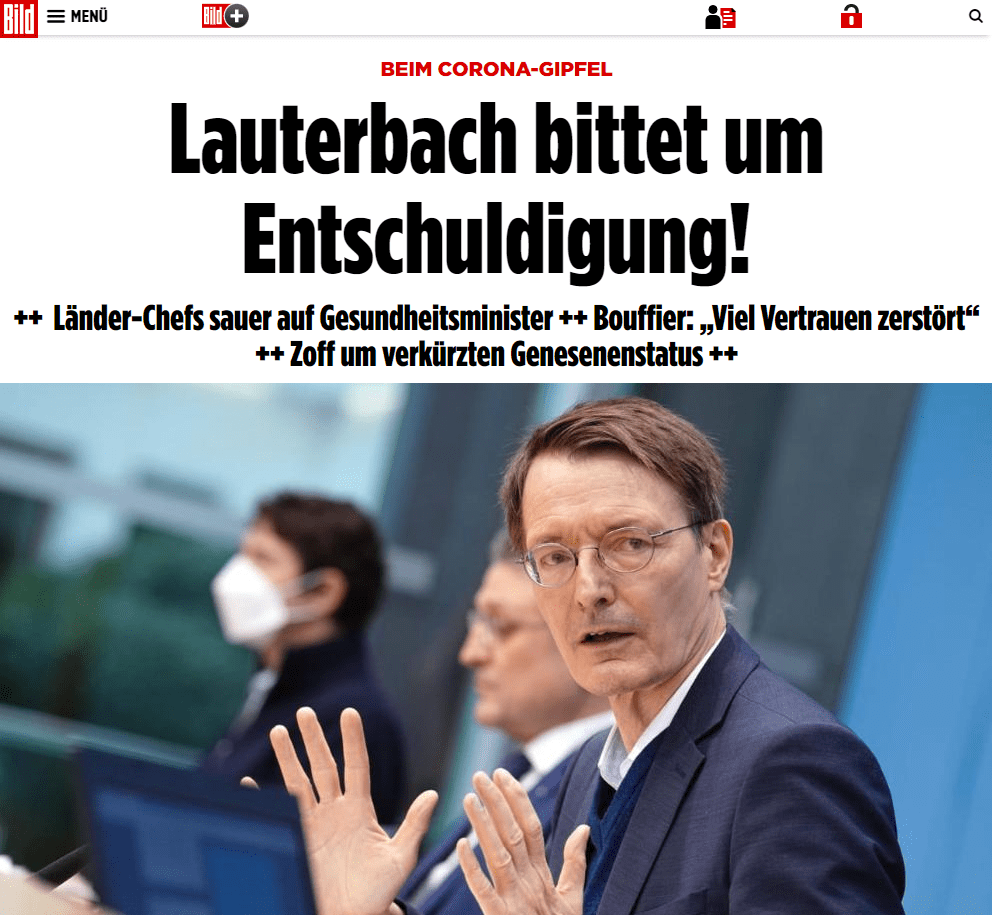 intergrund: Am 14. Januar hatte Lauterbach den Ministerpräsidenten im Bundesrat versprochen, dass sie über Änderungen des Genesenenstatus rechtzeitig informiert würden. Doch es kam anders. Nur wenige Stunden nach der Bundesratssitzung änderte das Robert Koch-Institut (RKI) überraschend die Gültigkeit des Genesenenstatus – von sechs auf drei Monate.

Lauterbach bittet um Entschuldigung

Kleinlaut bat Lauterbach die Länderchefs um Entschuldigung für das Kommunikations-Desaster. Auch er habe die Informationen erst spät erhalten und sei erst nach seiner Ansprache im Bundesrat durch das RKI informiert worden. Dennoch sei die Entscheidung, den Genesenenstatus zu verkürzen, in der Sache richtig gewesen, so Lauterbach weiter.

Noch in der aktuellen Beschlussvorlage zum Corona-Gipfel (liegt BILD vor) heißt es: Die Regierungschefs begrüßen, dass Veränderungen beim Genesenen- und Geimpftenstatus „künftig rechtzeitig vor ihrem Inkrafttreten“ angekündigt und begründet werden.

BILD erfuhr: Bouffier, Ramelow und auch Sachsen-Anhalts Ministerpräsident Reiner Haseloff (67, CDU) wollen die Kritik am Minister sogar im Beschluss festhalten – in dem sie Lauterbach dazu verdonnern, die Änderungen des Genesenen- und Geimpftnenstatus 14 Tage vorab den Ländern mitzuteilen.