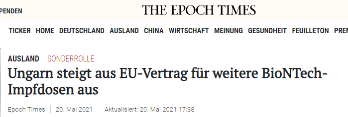 Die EU vereinbarte mit dem Mainzer Unternehmen BioNTech und seinem US-Partner Pfizer die feste Lieferung von 900 Millionen Impfdosen und sicherte sich eine Option auf 900 Millionen weitere Impfdosen für die Jahre 2021 bis 2023. Die Kommission hatte die Vertragsunterzeichnung bereits Mitte April angekündigt.

Ungarn geht in Sachen Corona-Impfstoffe schon länger eigene Wege. So kaufte es in der EU bisher nicht zugelassene Impfstoffe aus russischer und chinesischer Produktion und nutzte diese neben über die EU bestellten Vakzinen zur Impfung seiner Bevölkerung.